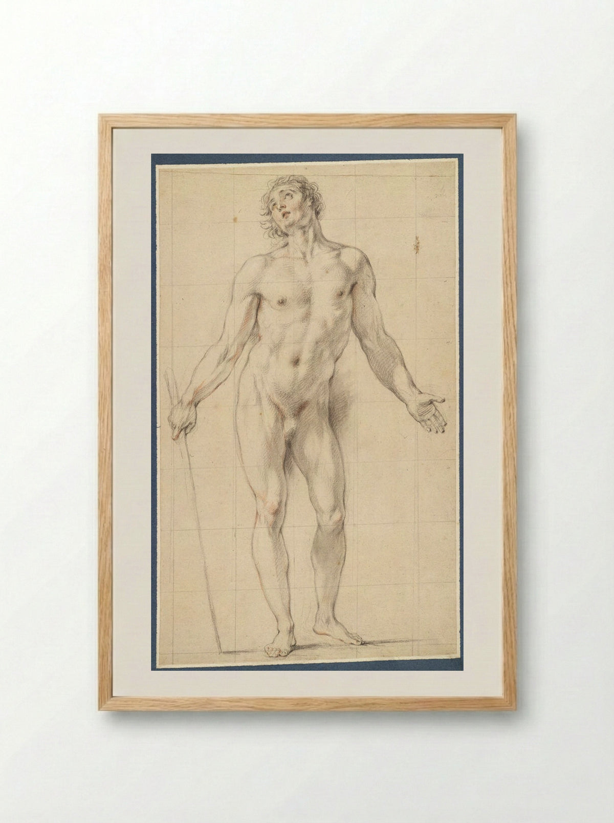 Standing Male Nude Holding a Staff - Charles-Antoine Coypel - Framed Print Wood