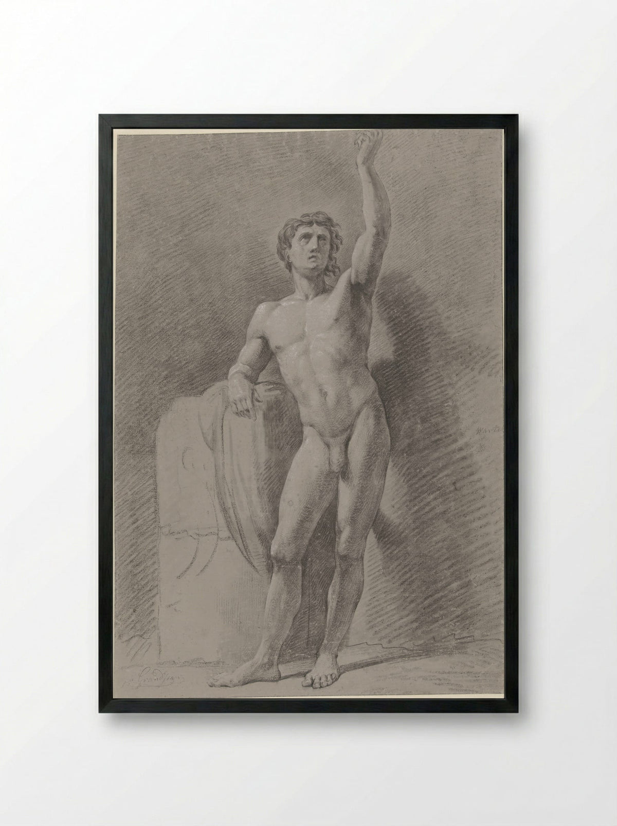 Standing Male Nude Leaning Against a Block - Jean Grandjean - Framed Print Black