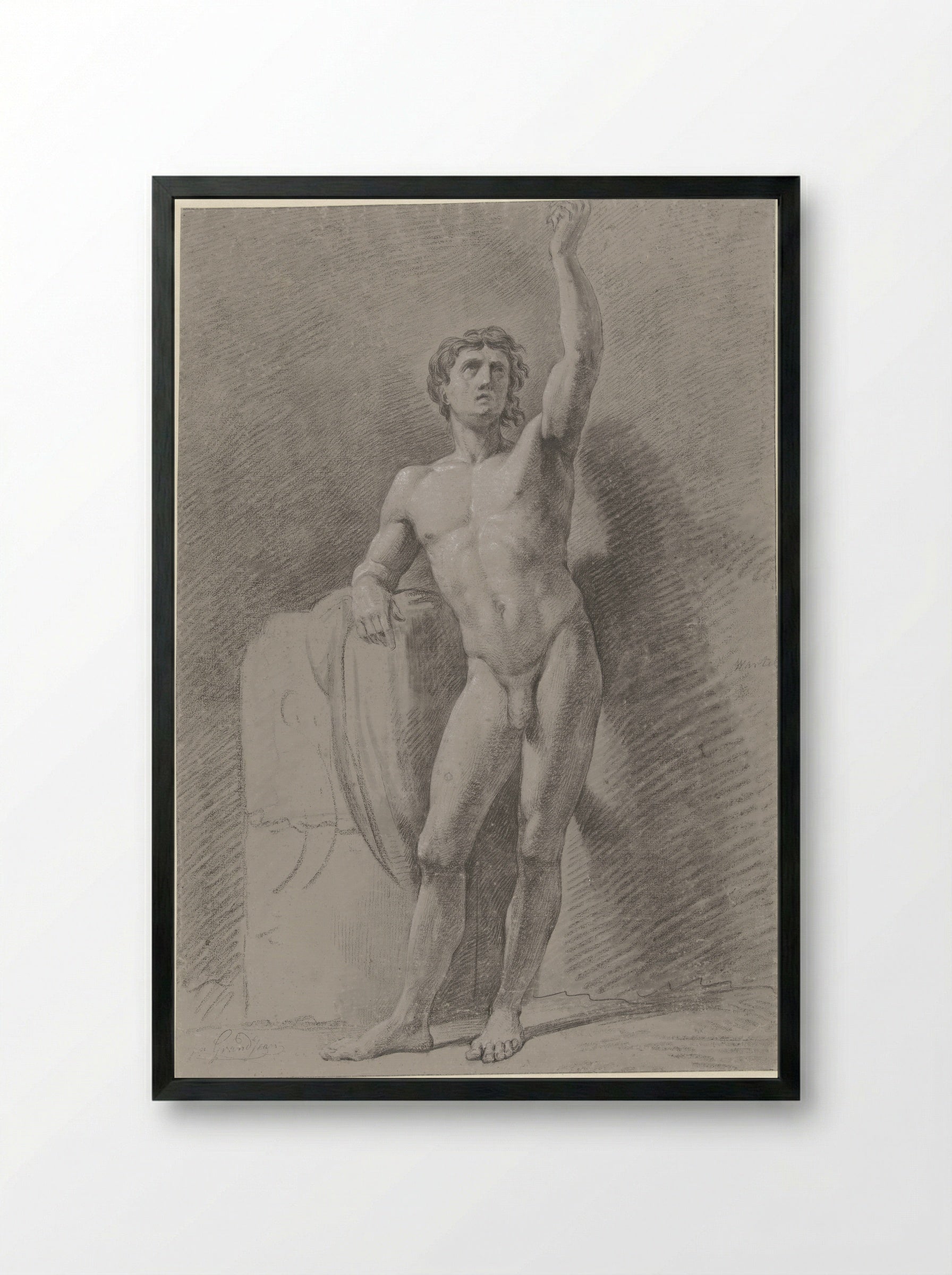 Standing Male Nude Leaning Against a Block - Jean Grandjean - Framed Print Black
