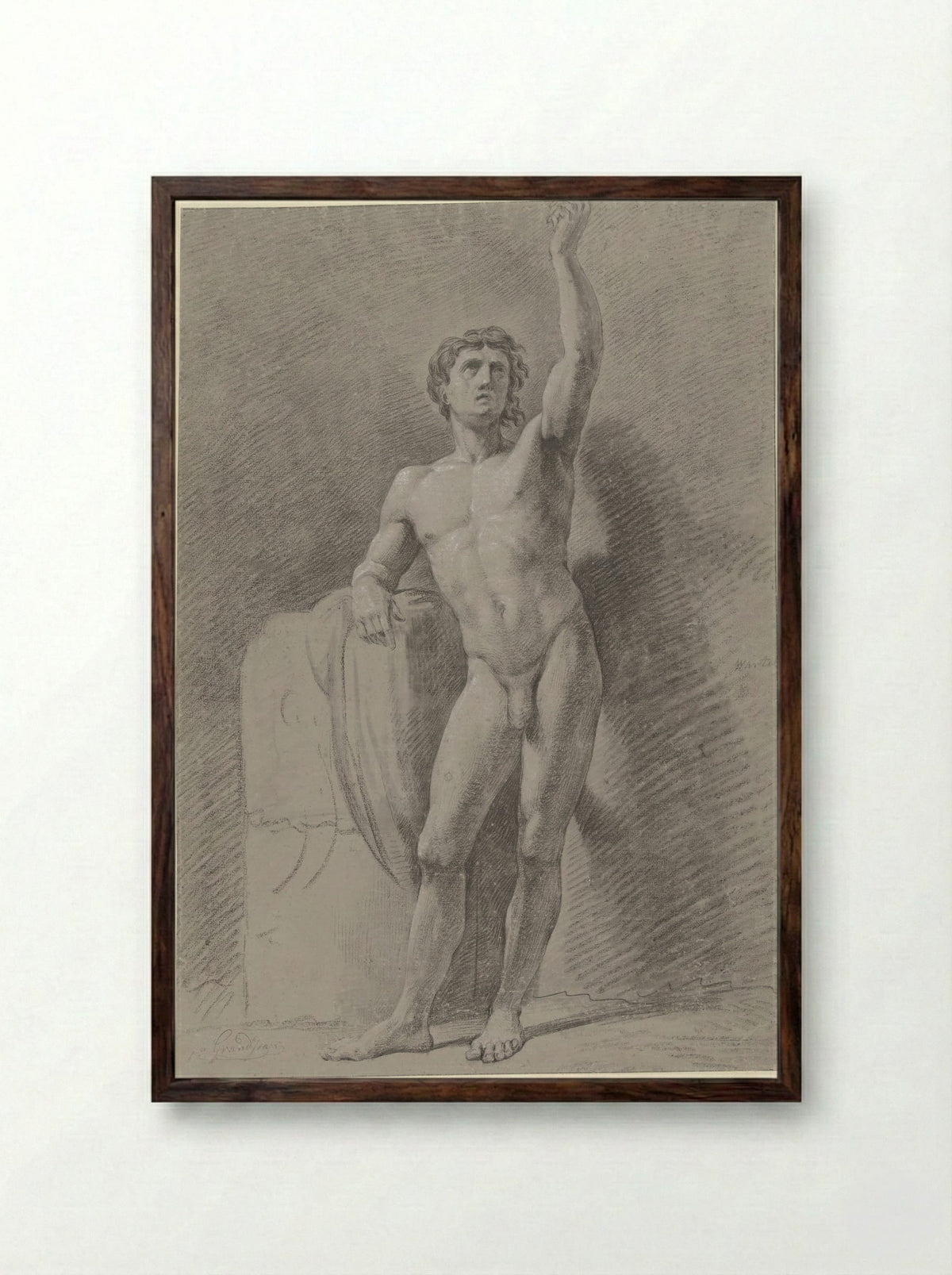 Standing Male Nude Leaning Against a Block - Jean Grandjean - Framed Print Dark Wood