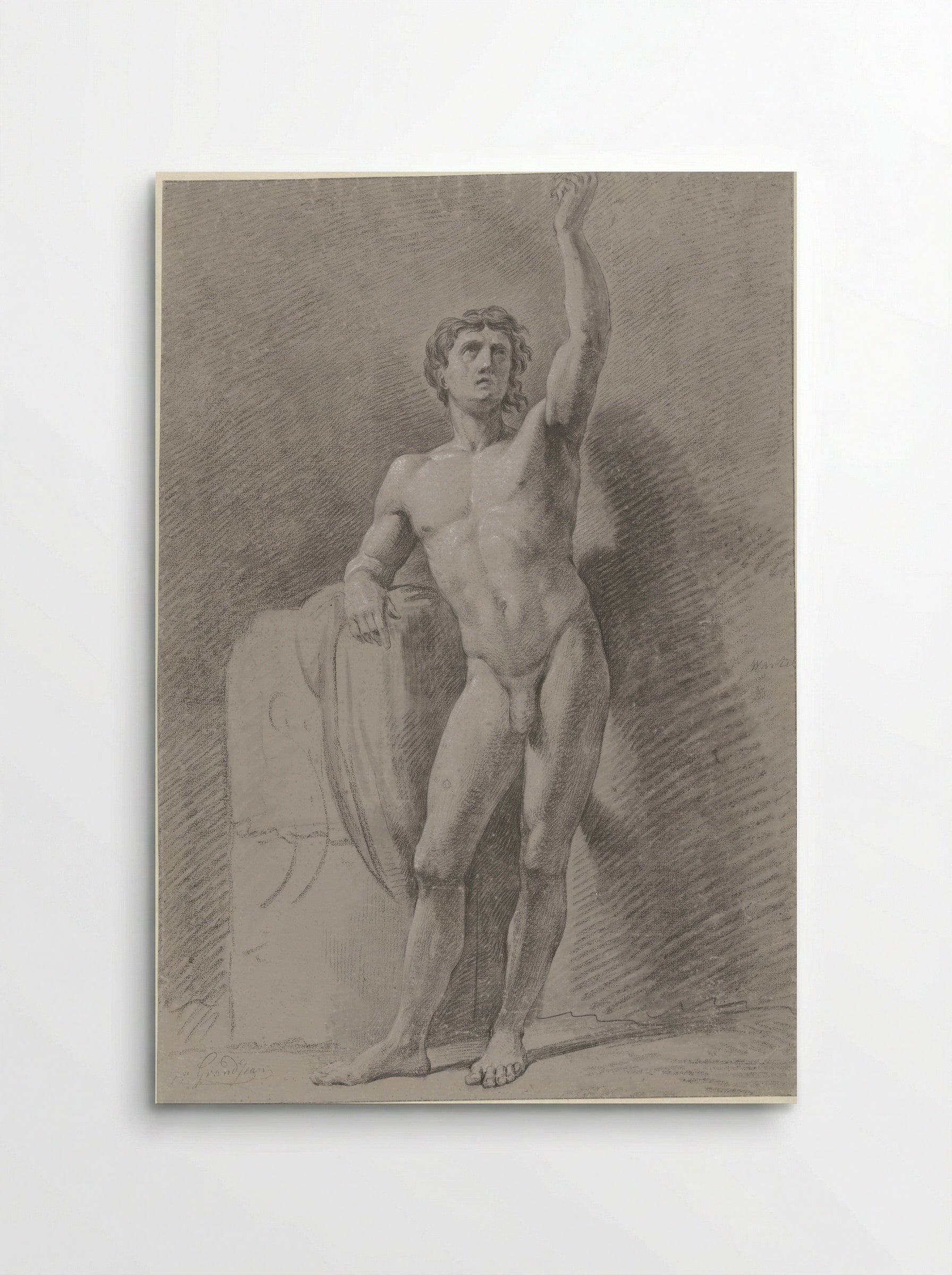 Standing Male Nude Leaning Against a Block - Jean Grandjean - Poster