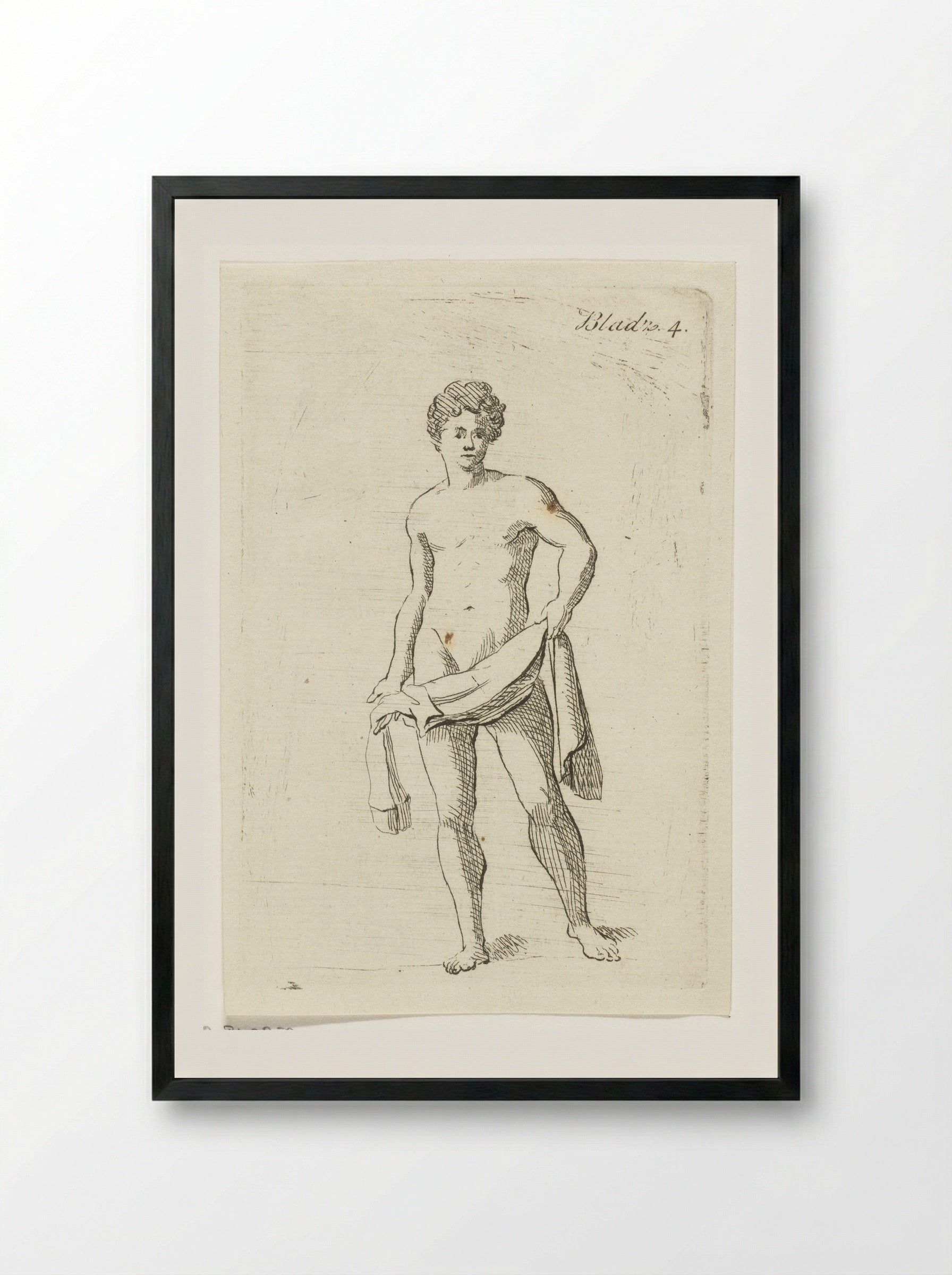 Standing Male Nude with Drapery - Anthonie van den Bos - Framed Print Black