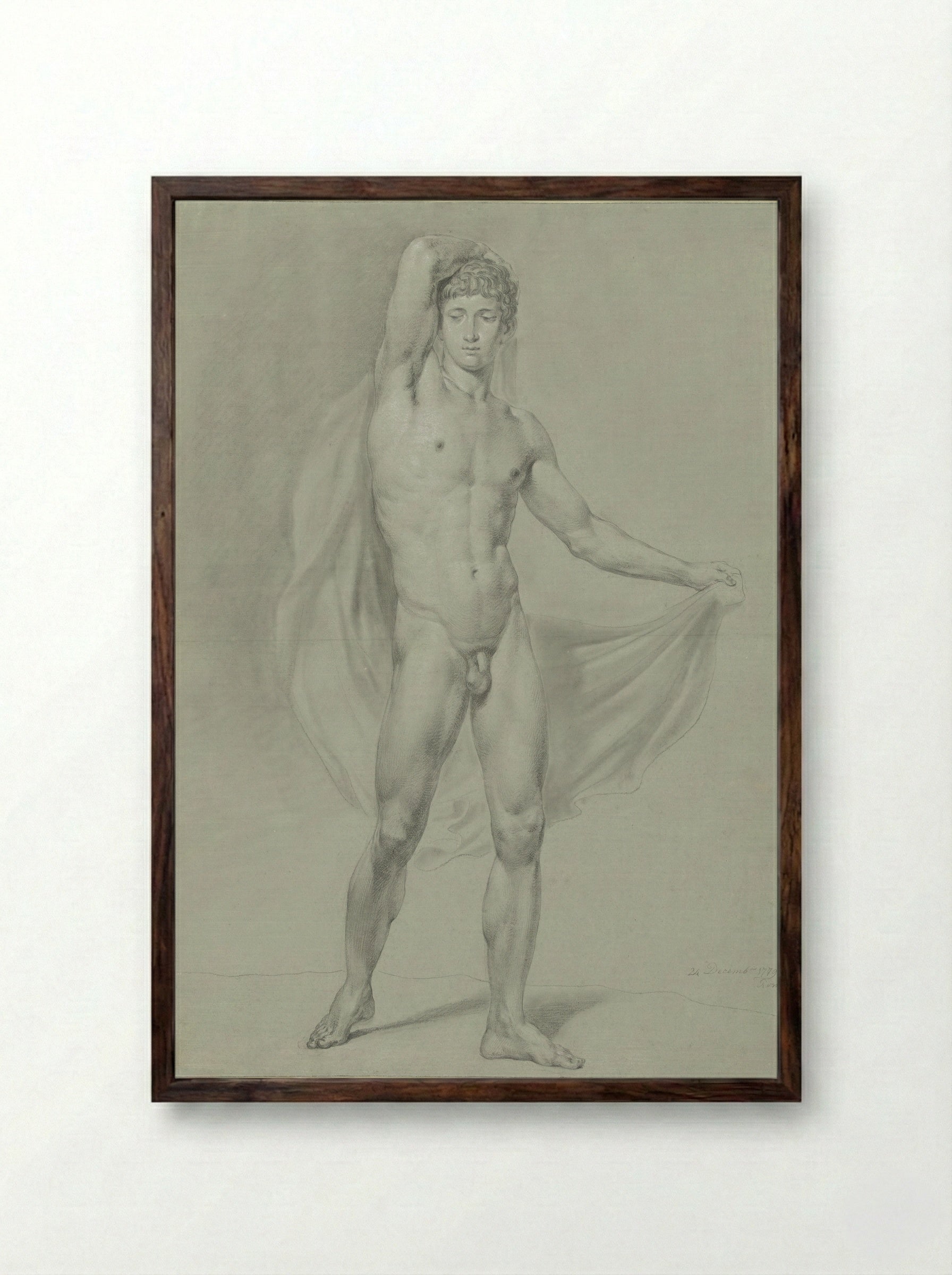 Standing Male Nude with Drapery - Jean Grandjean - Framed Print Dark Wood