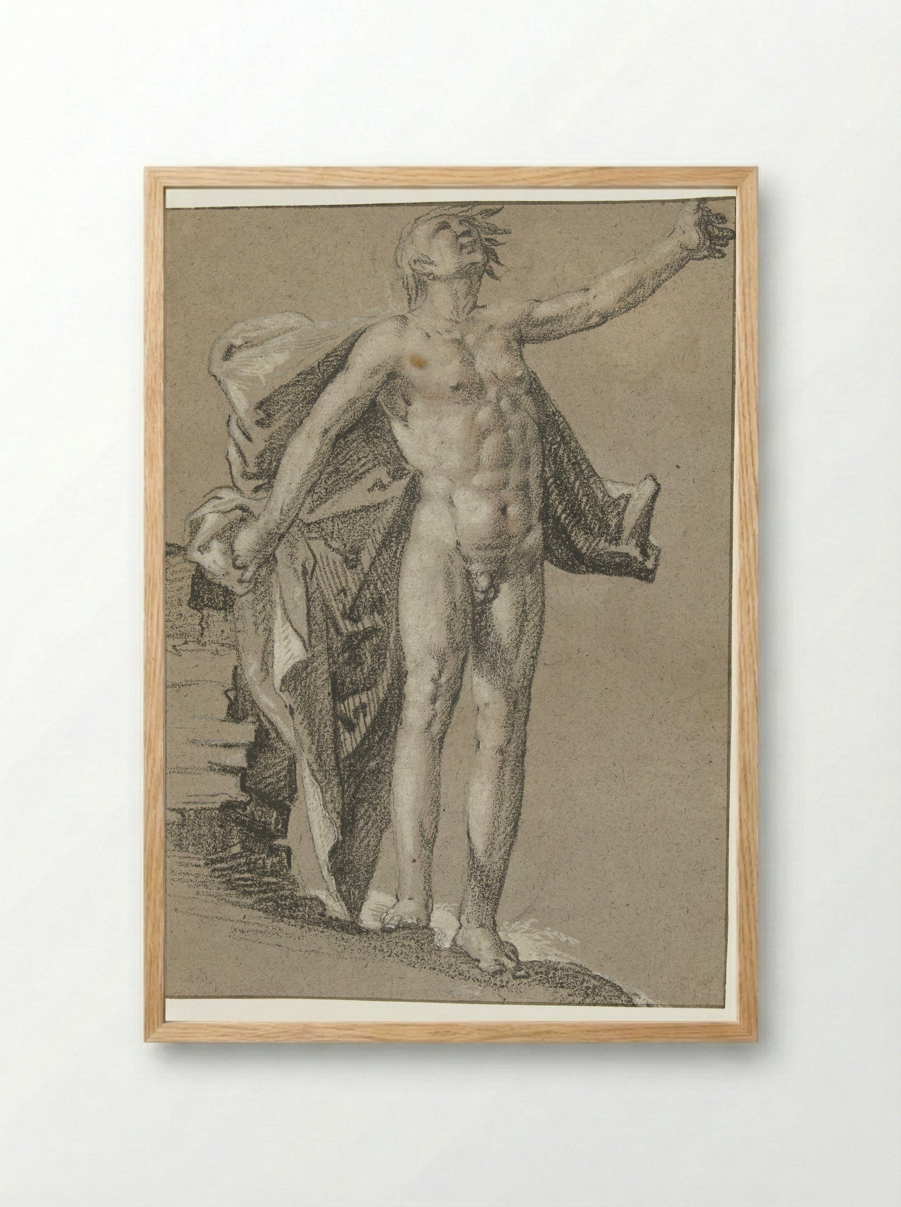 Standing Male Nude with Floating Drapery - Cornelis Cornelisz. van Haarlem - Framed Print Wood