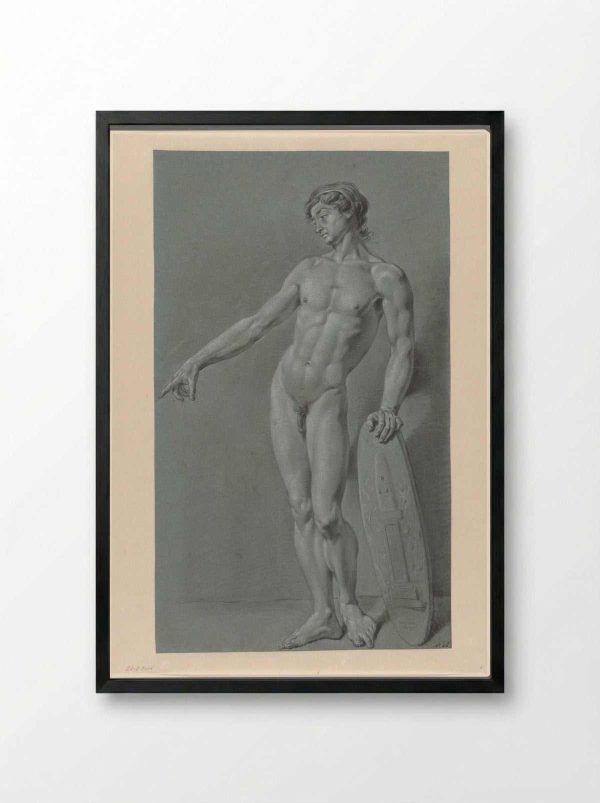 Standing Male Nude with a Shield Bearing the Emblem of Felix Meritis - Derk Anthony van de Wart - Framed Print Black