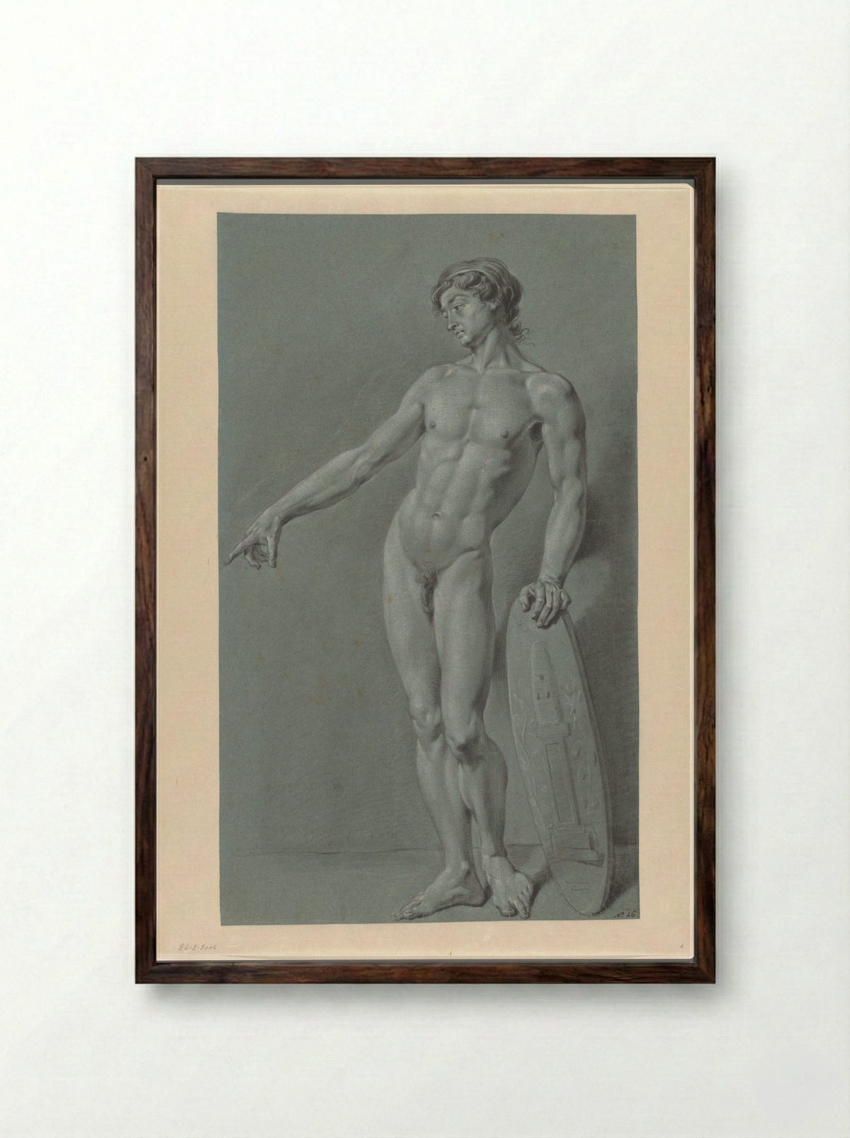Standing Male Nude with a Shield Bearing the Emblem of Felix Meritis - Derk Anthony van de Wart - Framed Print Dark Wood