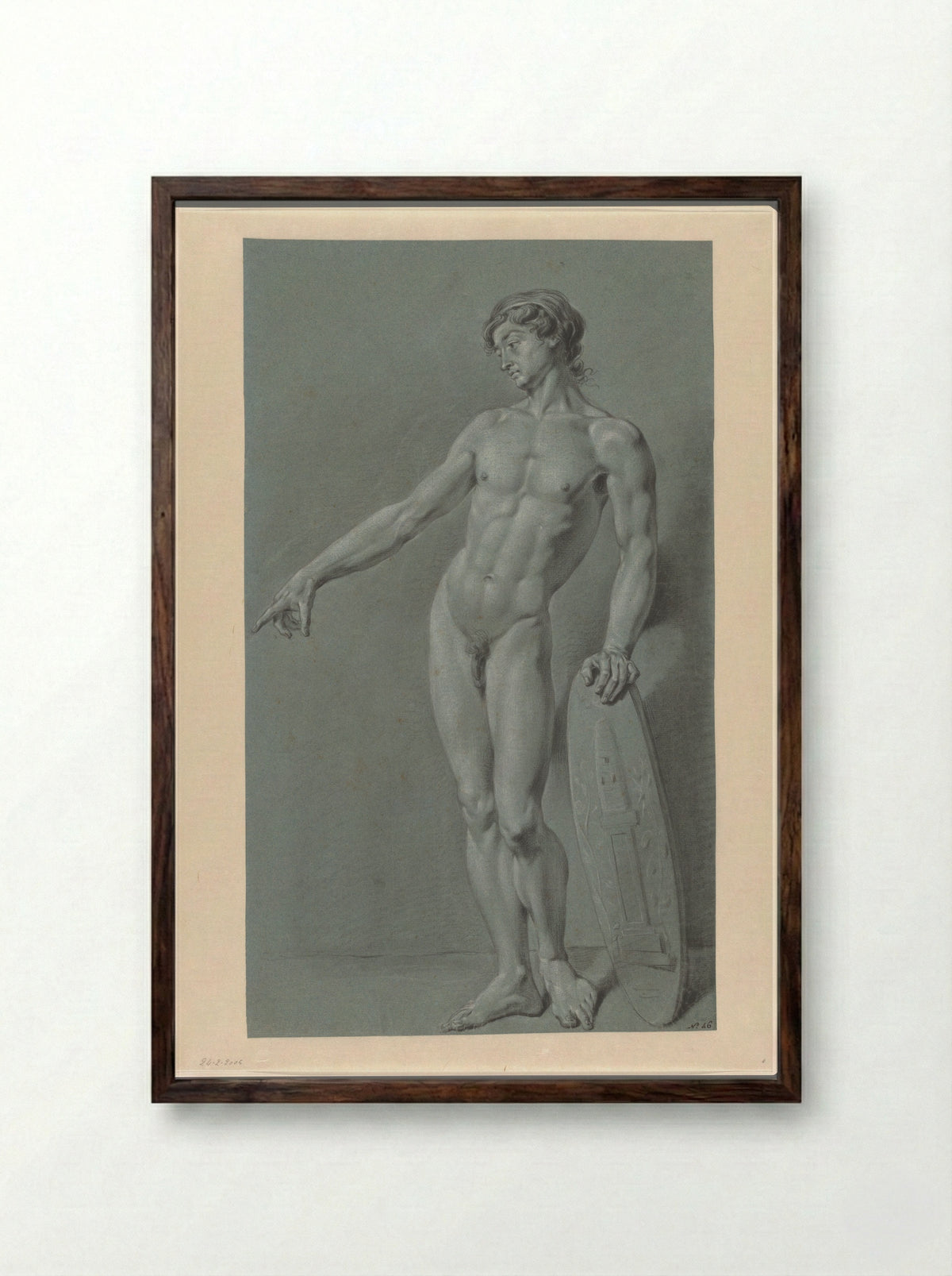 Standing Male Nude with a Shield Bearing the Emblem of Felix Meritis - Derk Anthony van de Wart - Framed Print Dark Wood