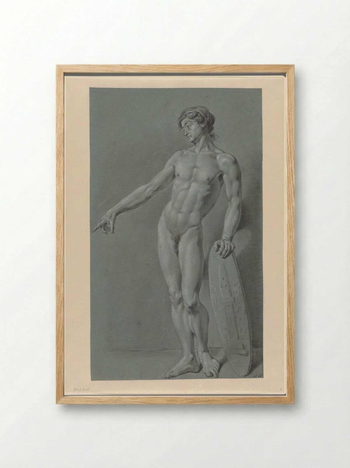 Standing Male Nude with a Shield Bearing the Emblem of Felix Meritis - Derk Anthony van de Wart - Framed Print Wood