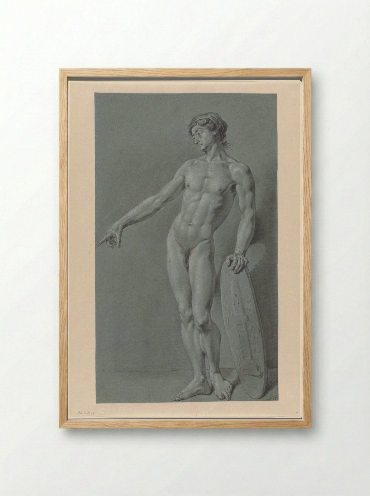 Standing Male Nude with a Shield Bearing the Emblem of Felix Meritis - Derk Anthony van de Wart - Framed Print Wood