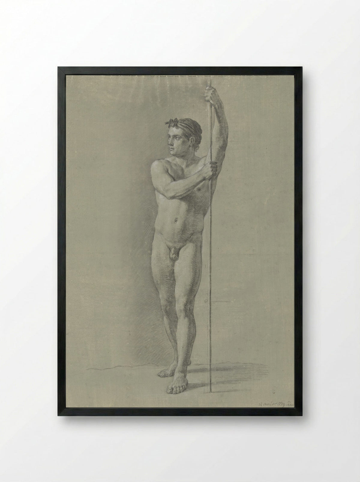 Standing Male Nude with a Staff - Jean Grandjean - Framed Print Black
