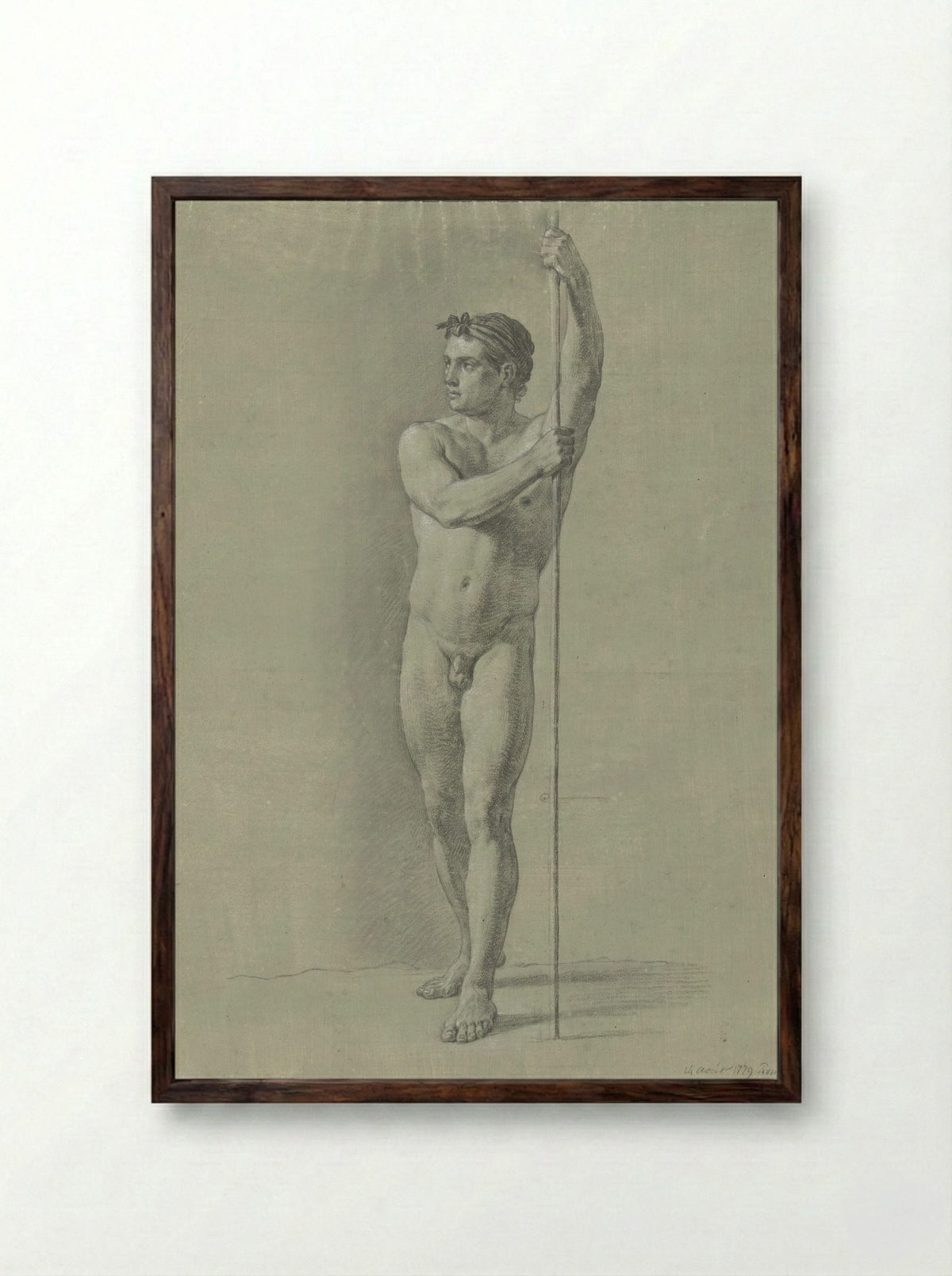 Standing Male Nude with a Staff - Jean Grandjean - Framed Print Dark Wood