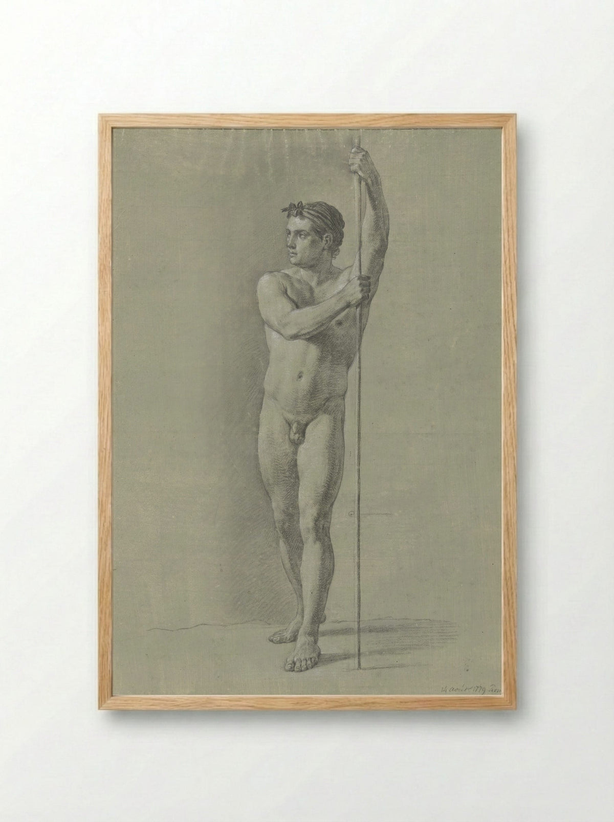 Standing Male Nude with a Staff - Jean Grandjean - Framed Print Wood