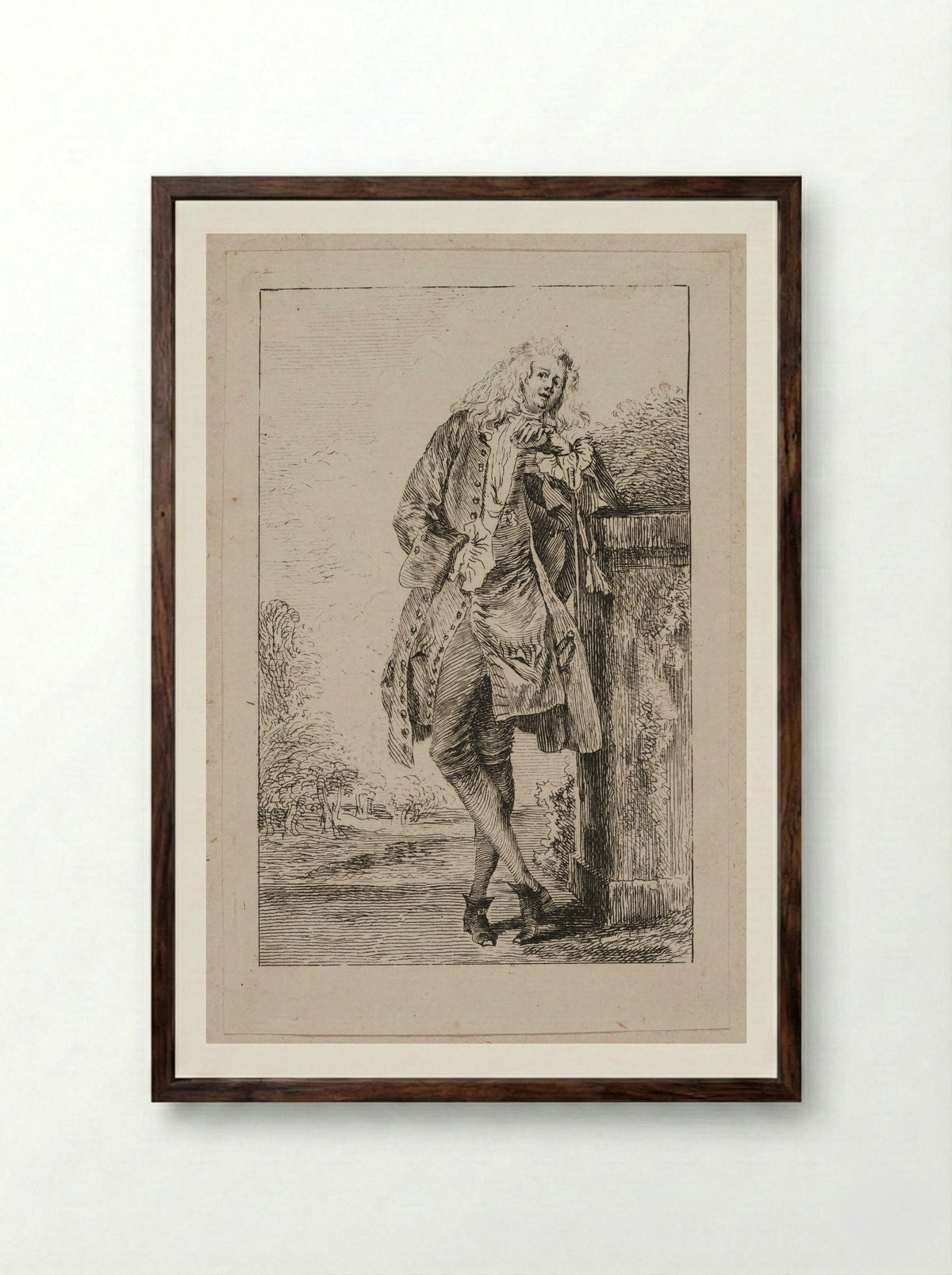 Standing Man, Leaning on a Pedestal - Jean-Antoine Watteau - Framed Print Dark Wood