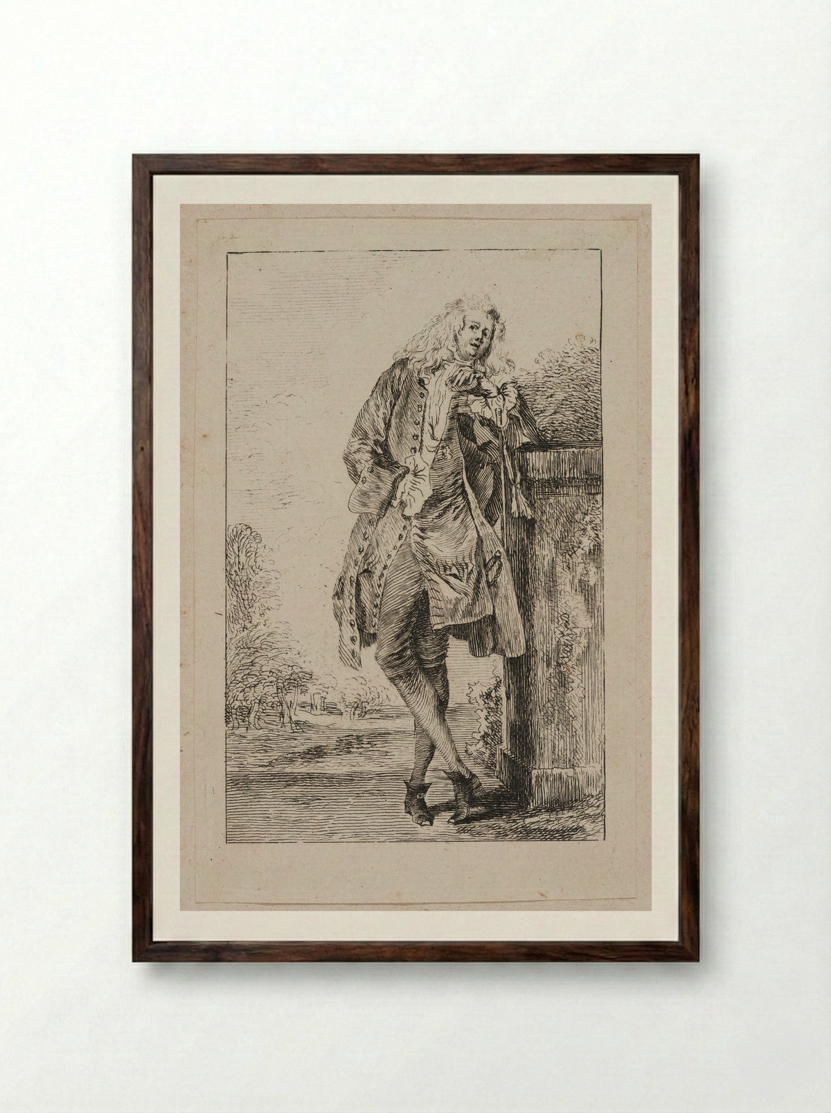 Standing Man, Leaning on a Pedestal - Jean-Antoine Watteau - Framed Print Dark Wood