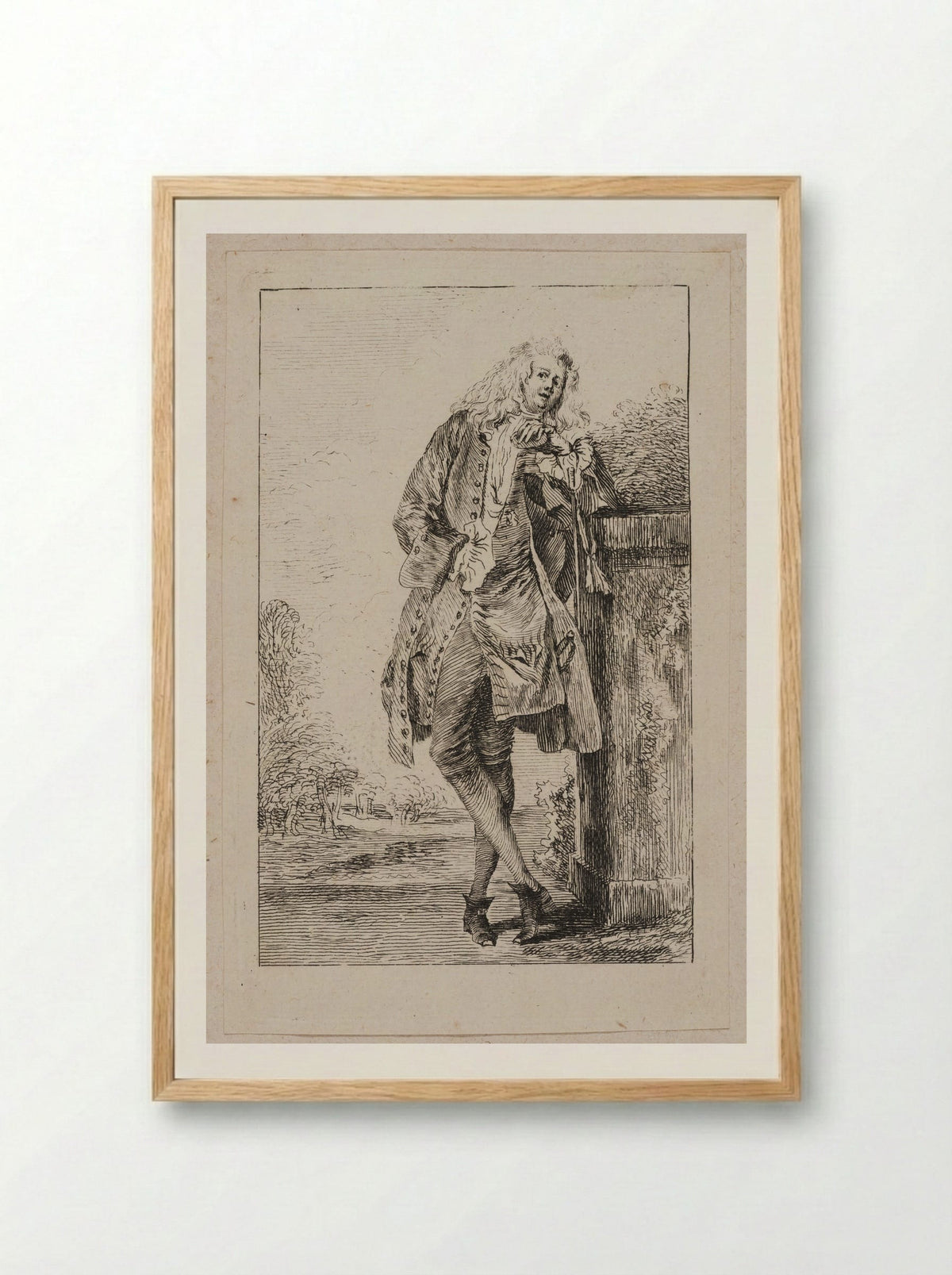 Standing Man, Leaning on a Pedestal - Jean-Antoine Watteau - Framed Print Wood