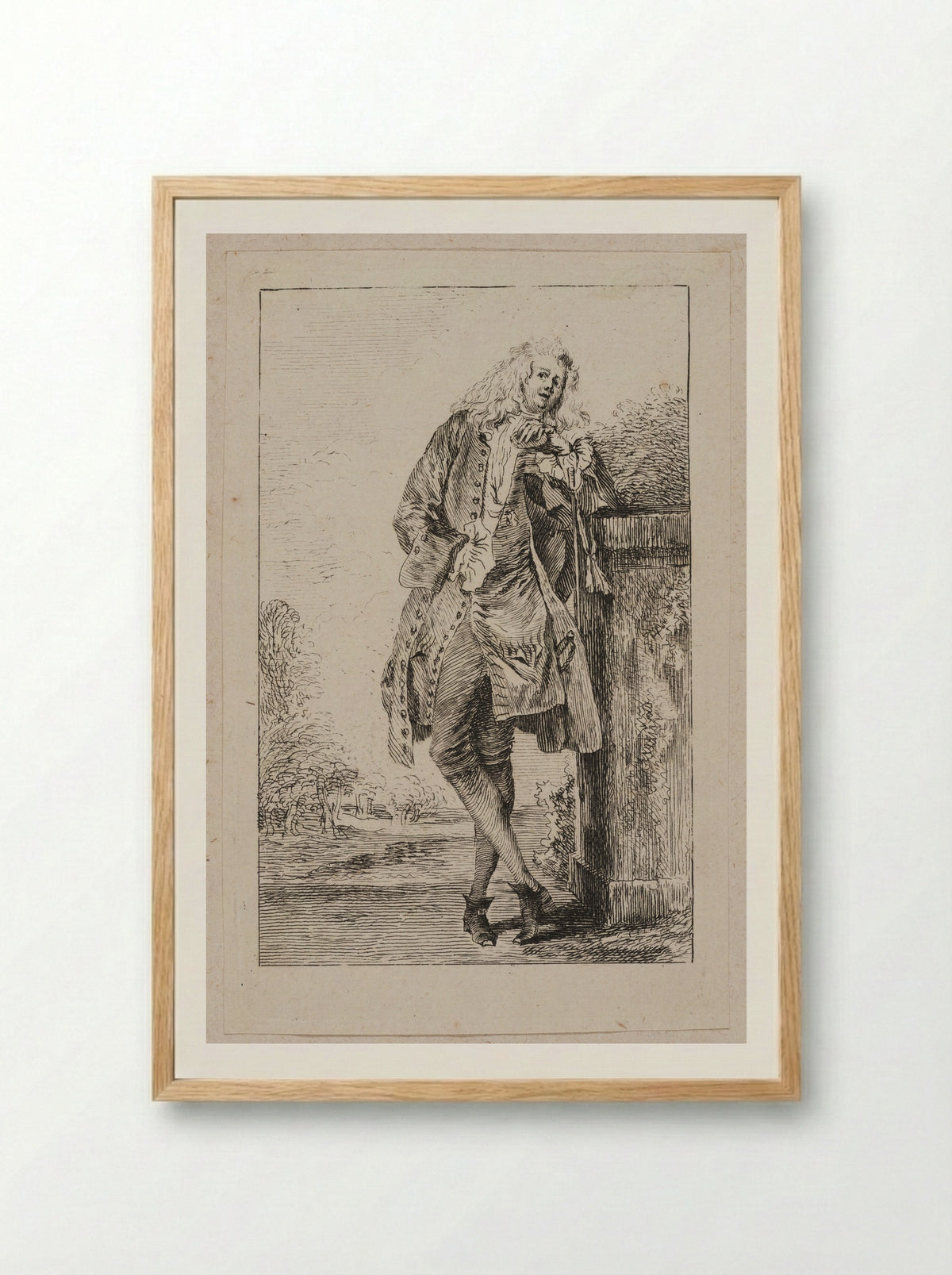 Standing Man, Leaning on a Pedestal - Jean-Antoine Watteau - Framed Print Wood