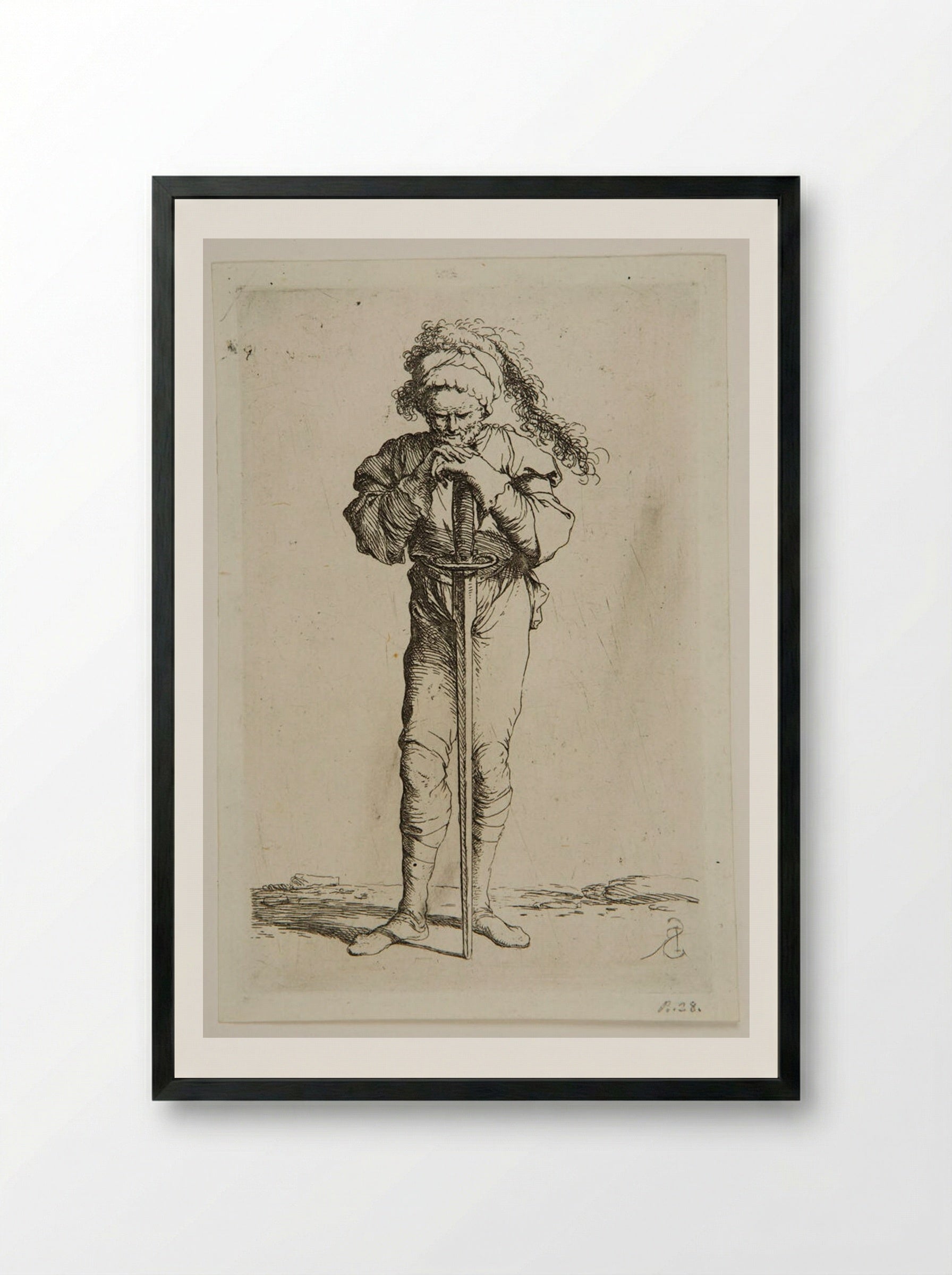 Standing Soldier Leaning on a Broadsword - Salvator Rosa - Framed Print Black