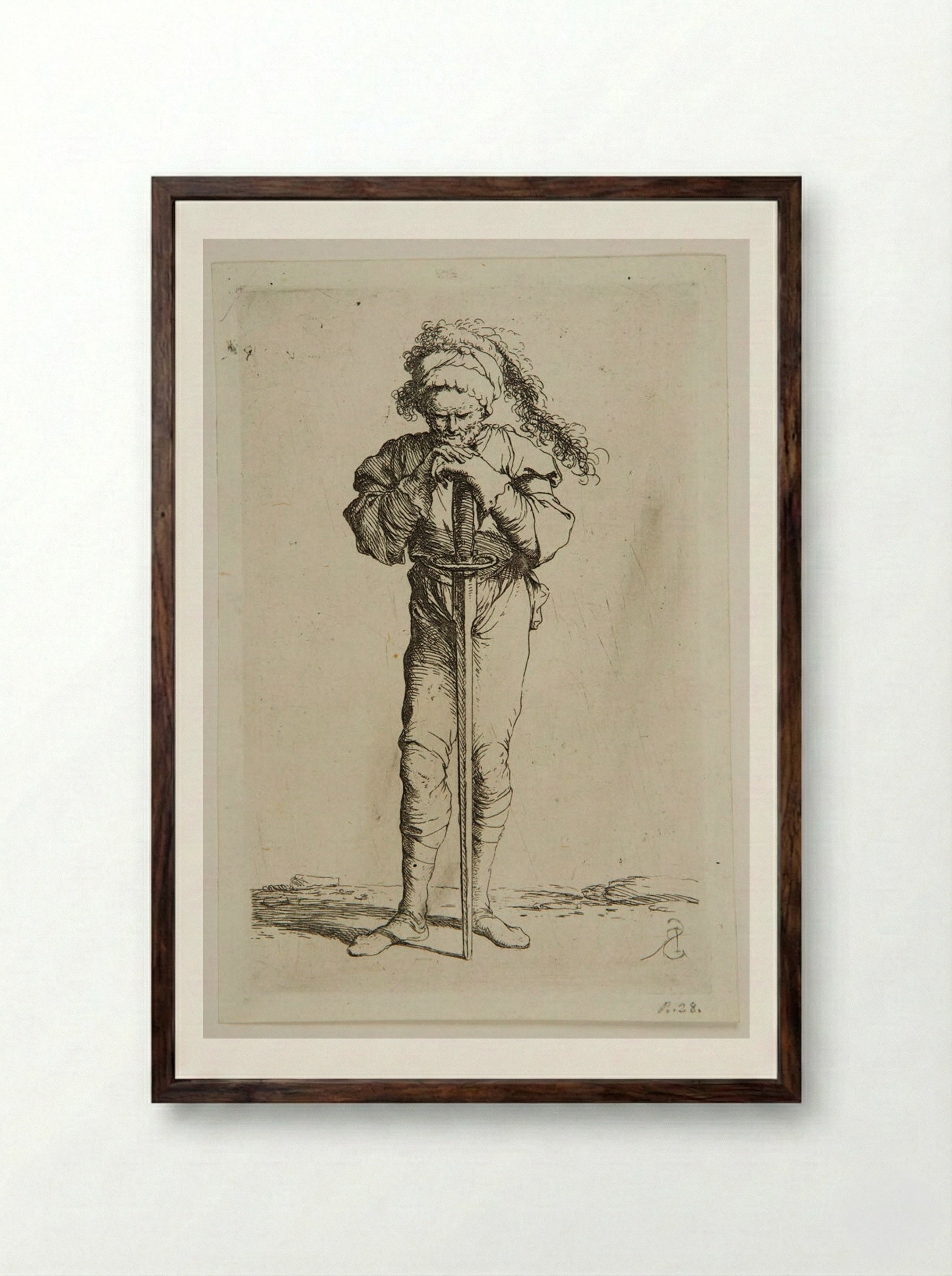Standing Soldier Leaning on a Broadsword - Salvator Rosa - Framed Print Dark Wood