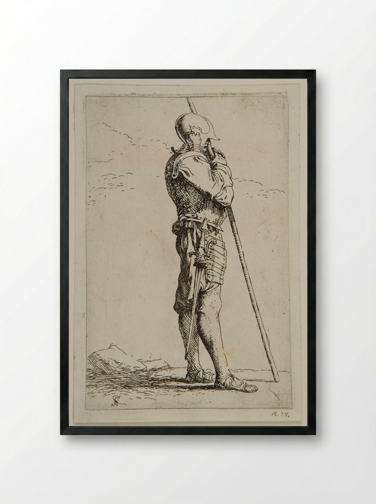 Standing Soldier in Profile, Leaning on a Lance - Salvator Rosa - Framed Print Black