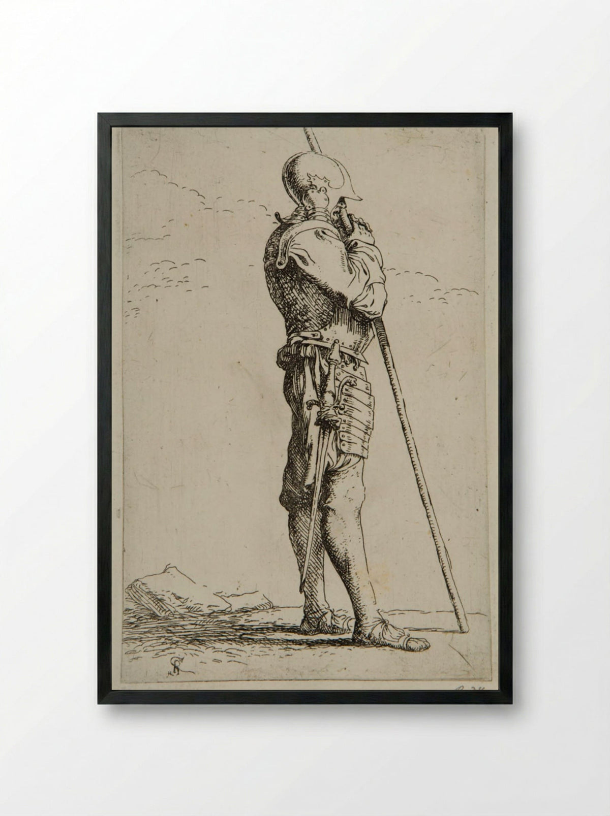 Standing Soldier in Profile, Leaning on a Lance - Salvator Rosa - Framed Print Black