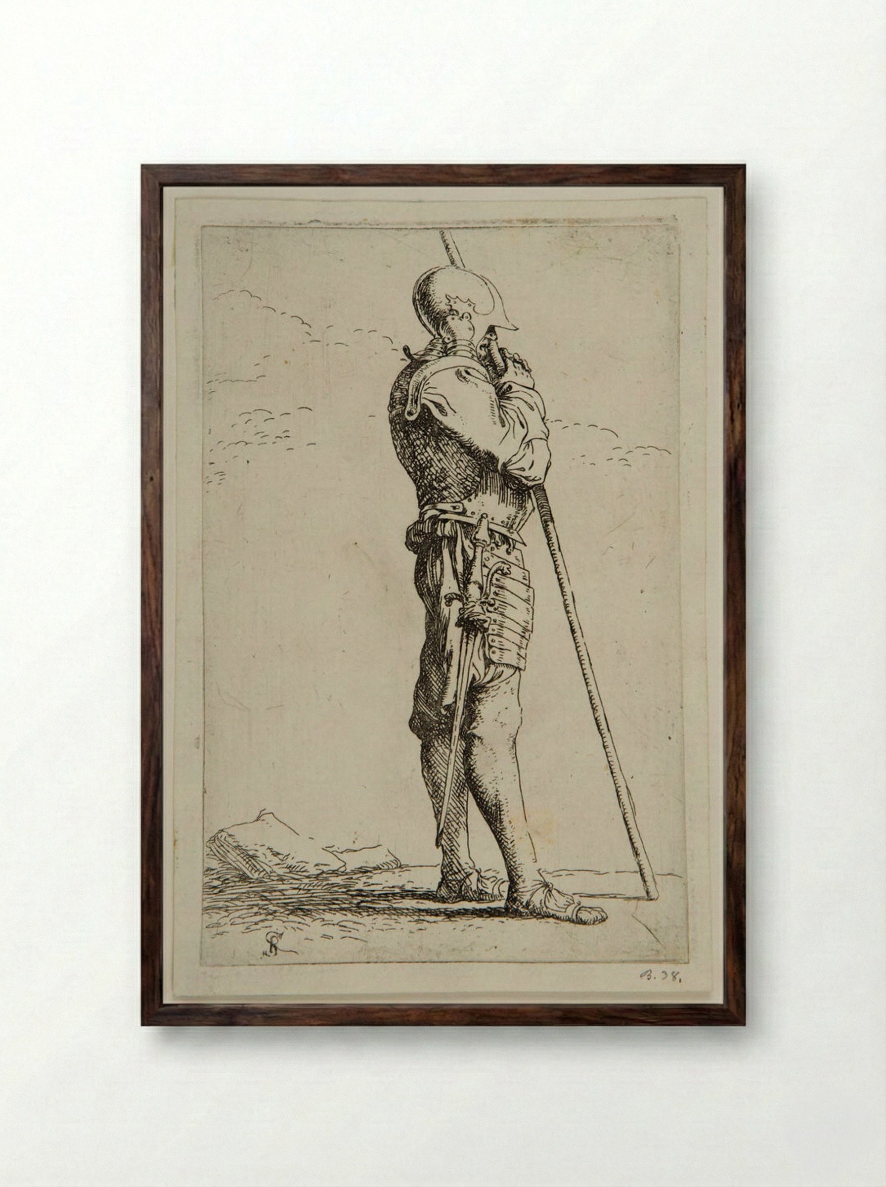 Standing Soldier in Profile, Leaning on a Lance - Salvator Rosa - Framed Print Dark Wood