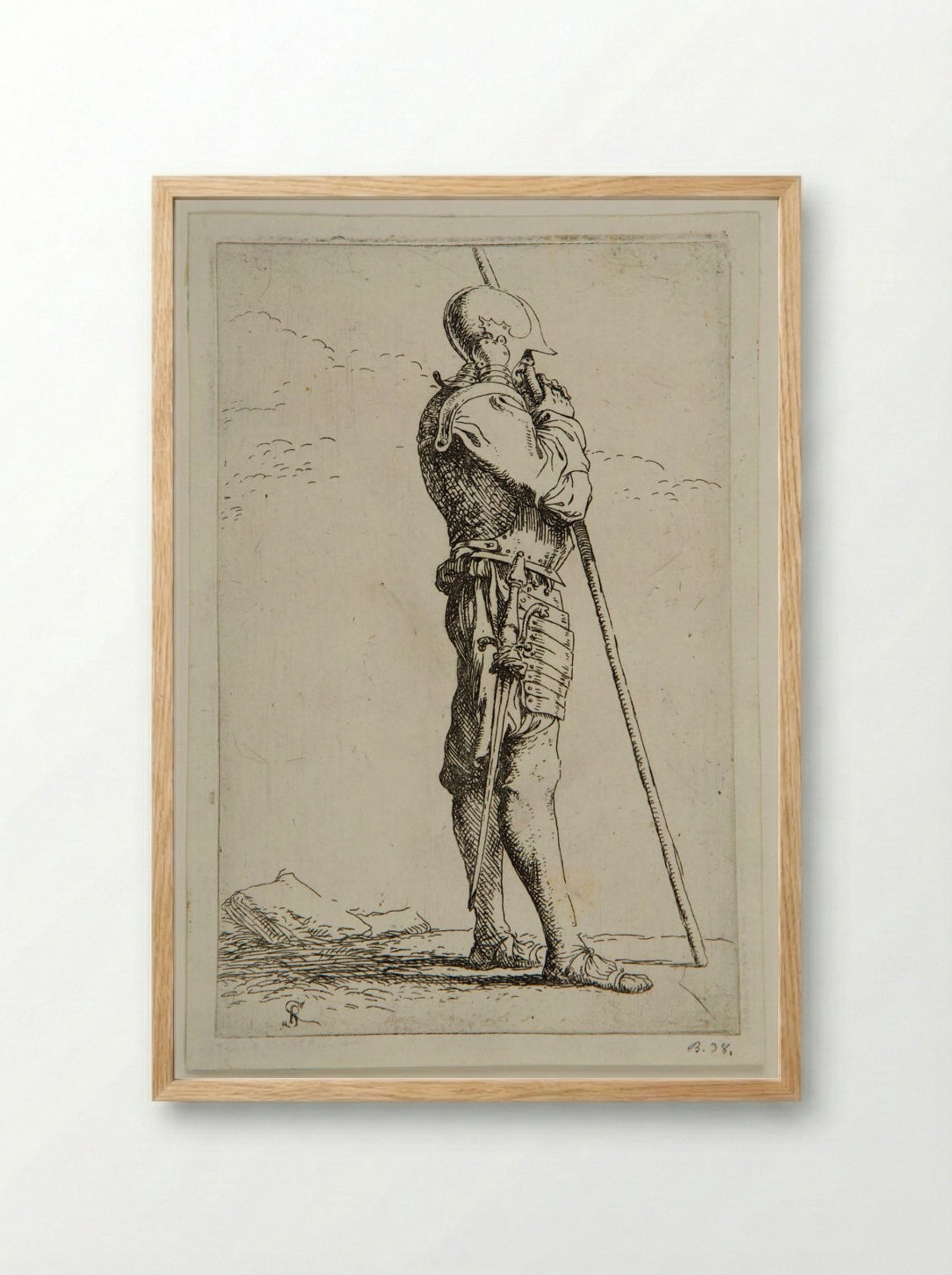 Standing Soldier in Profile, Leaning on a Lance - Salvator Rosa - Framed Print Wood