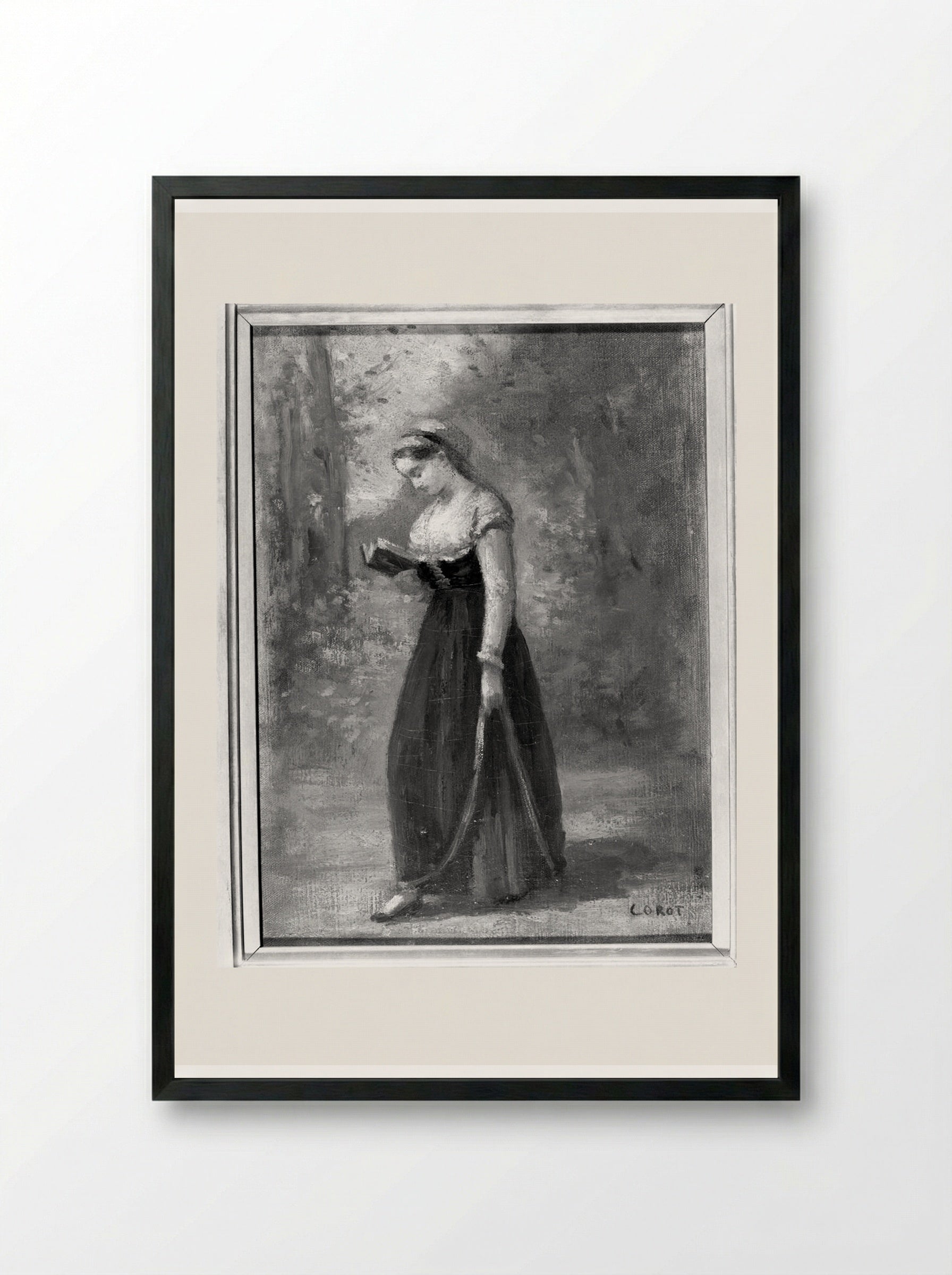 Standing Woman Reading - Jean-Baptiste-Camille Corot - Framed Print Black