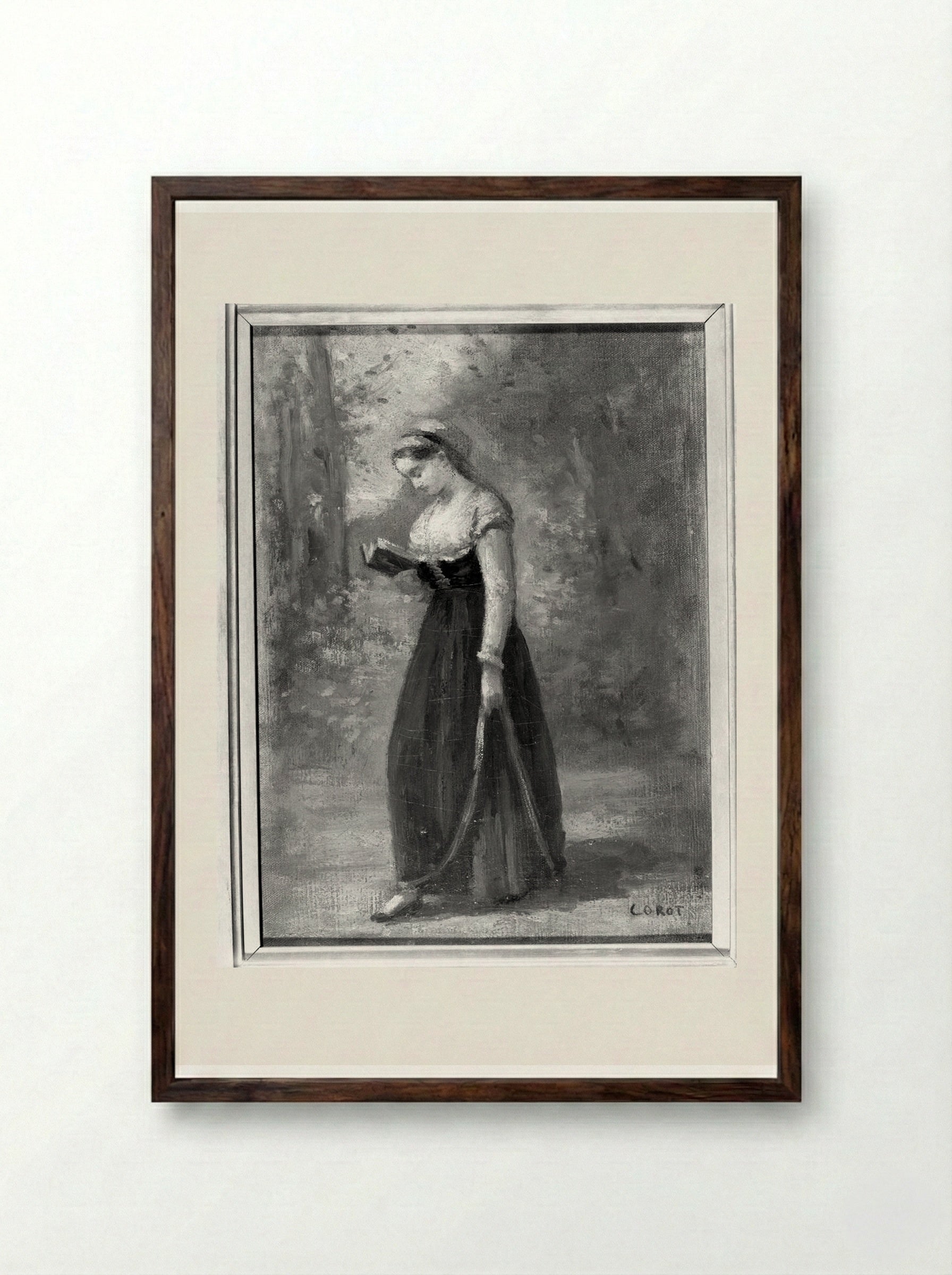 Standing Woman Reading - Jean-Baptiste-Camille Corot - Framed Print Dark Wood