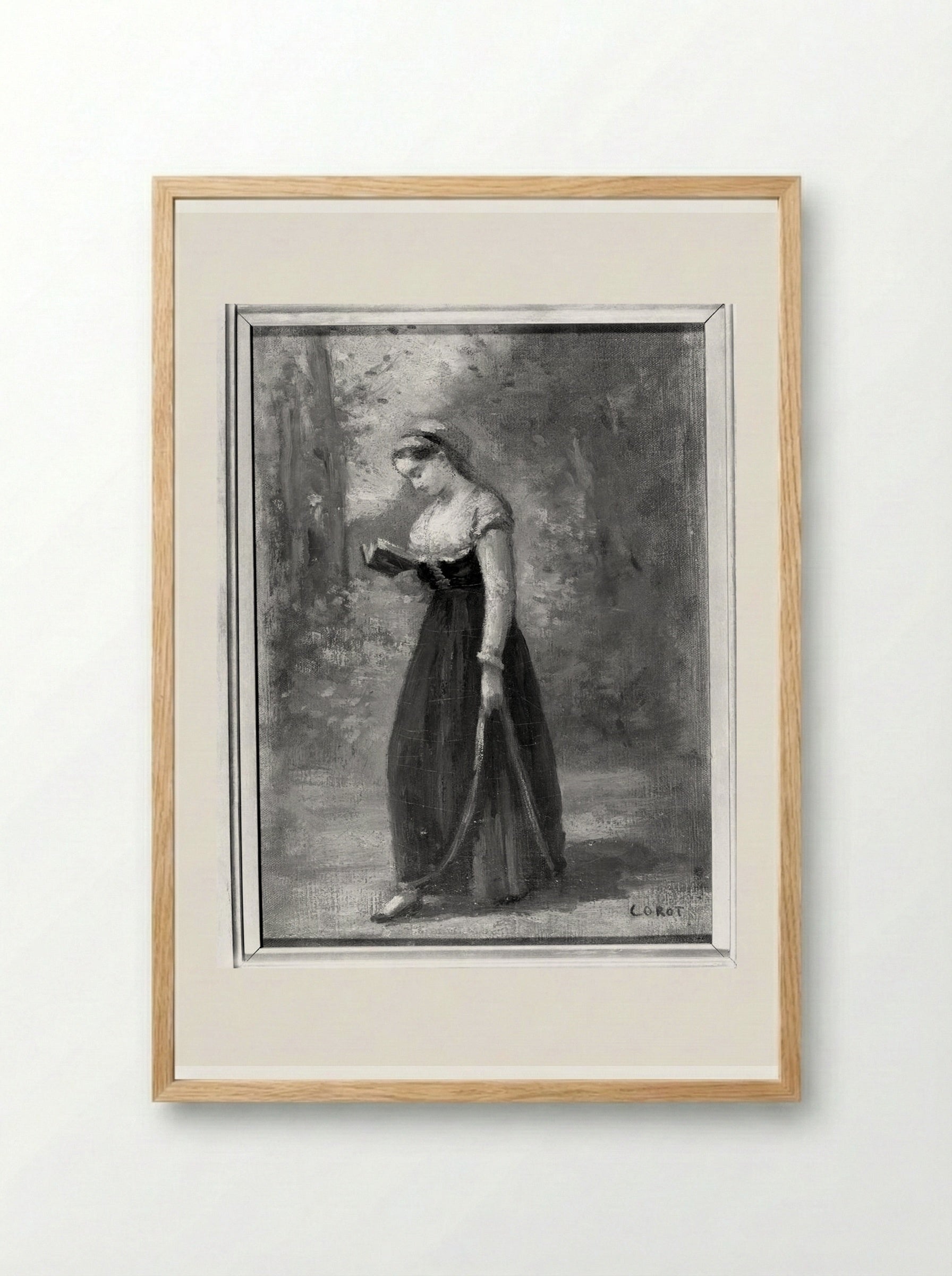Standing Woman Reading - Jean-Baptiste-Camille Corot - Framed Print Wood