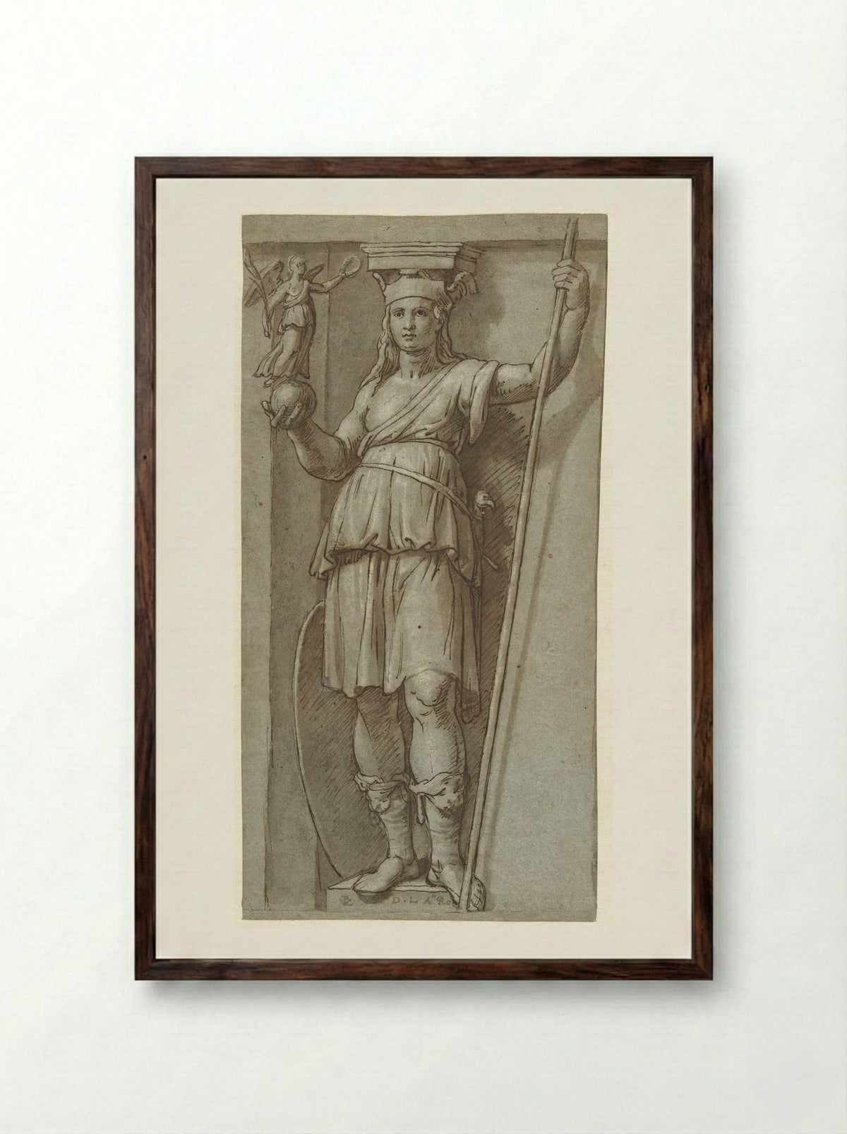 Standing Woman with a Staff and a Figure on a Globe - Pieter van Lint - Framed Print Dark Wood