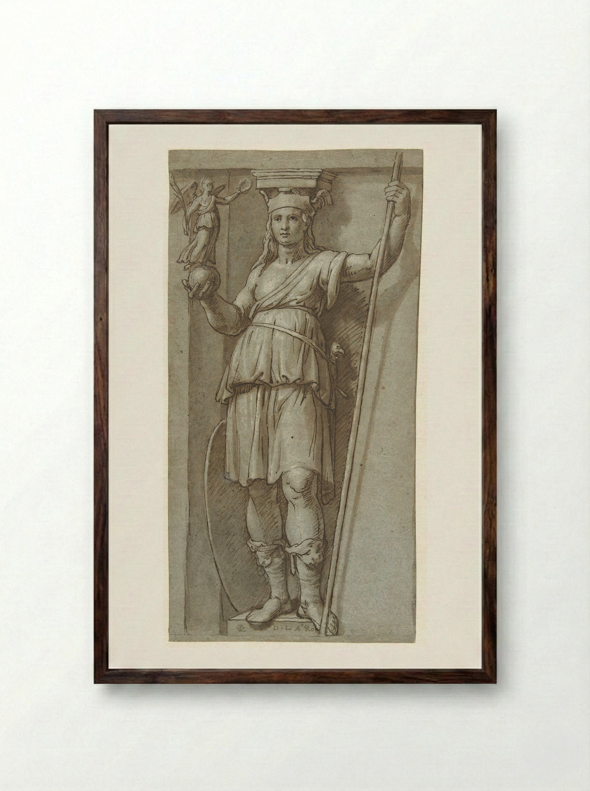 Standing Woman with a Staff and a Figure on a Globe - Pieter van Lint - Framed Print Dark Wood