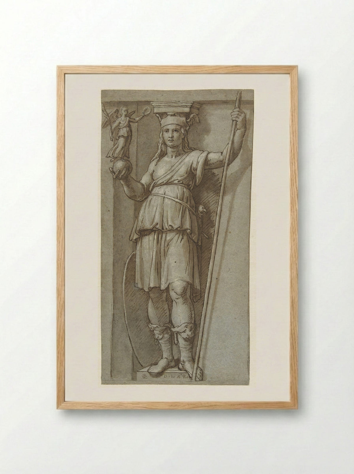 Standing Woman with a Staff and a Figure on a Globe - Pieter van Lint - Framed Print Wood