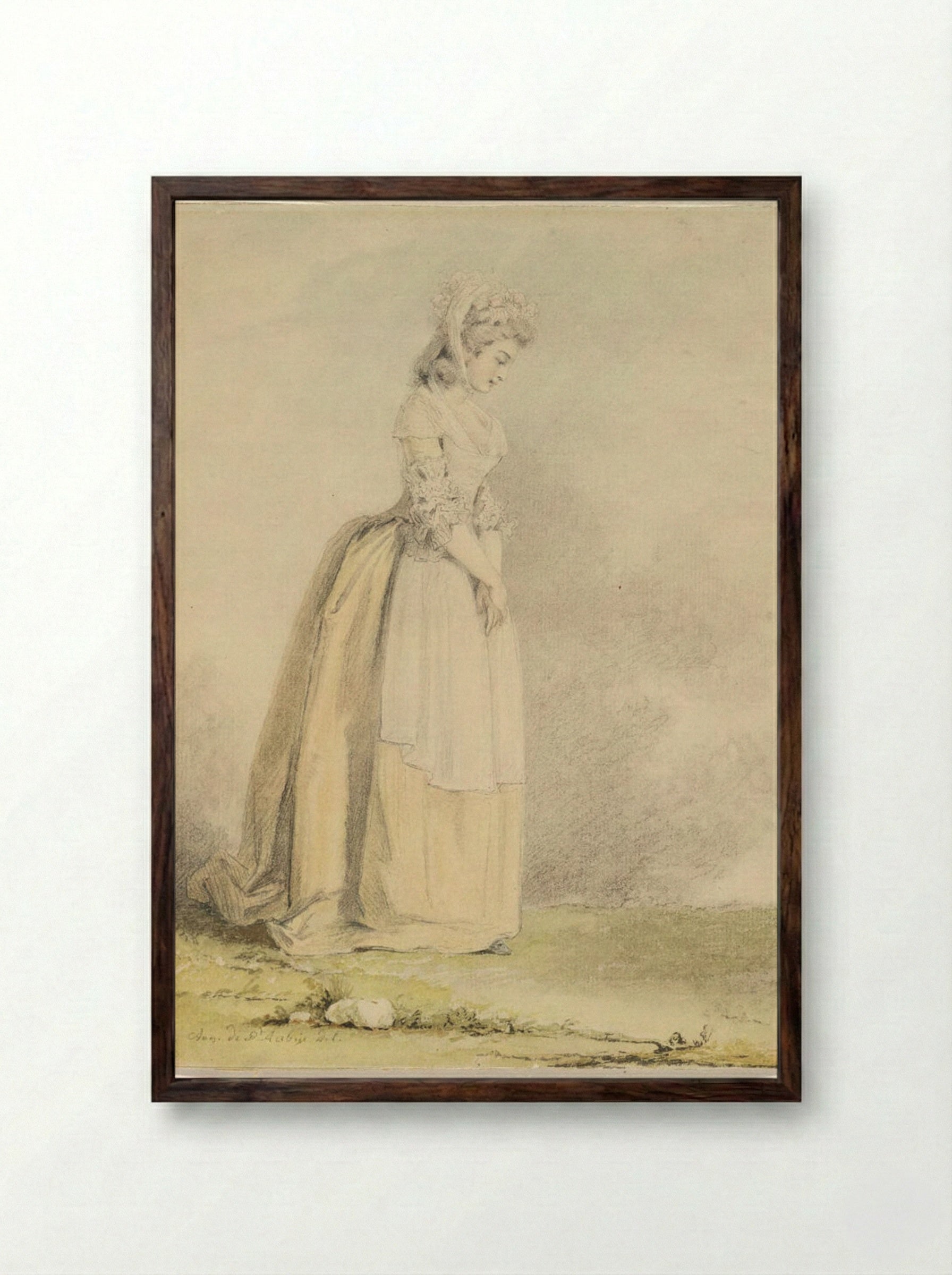 Standing Young Woman - Augustin de Saint-Aubin - Framed Print Dark Wood