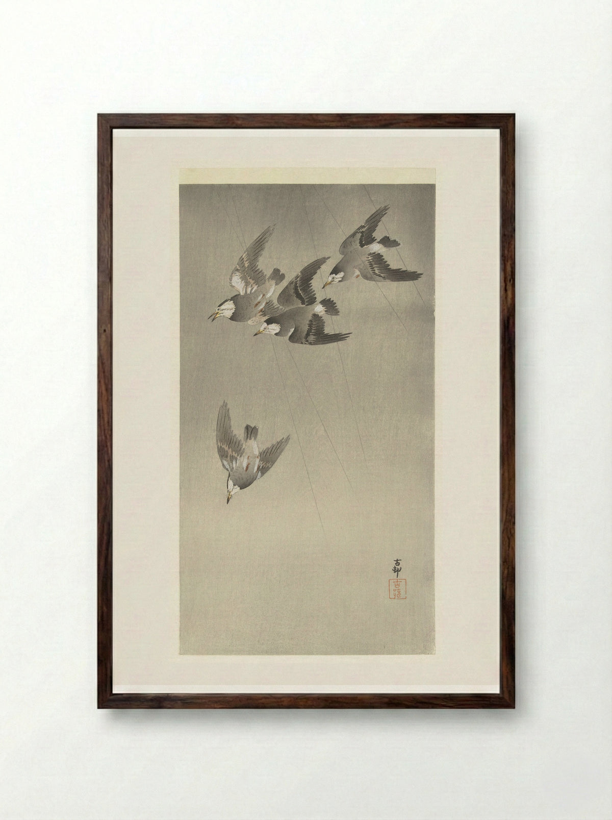 Starlings in the Rain - Matsuki Heikichi - Framed Print Dark Wood