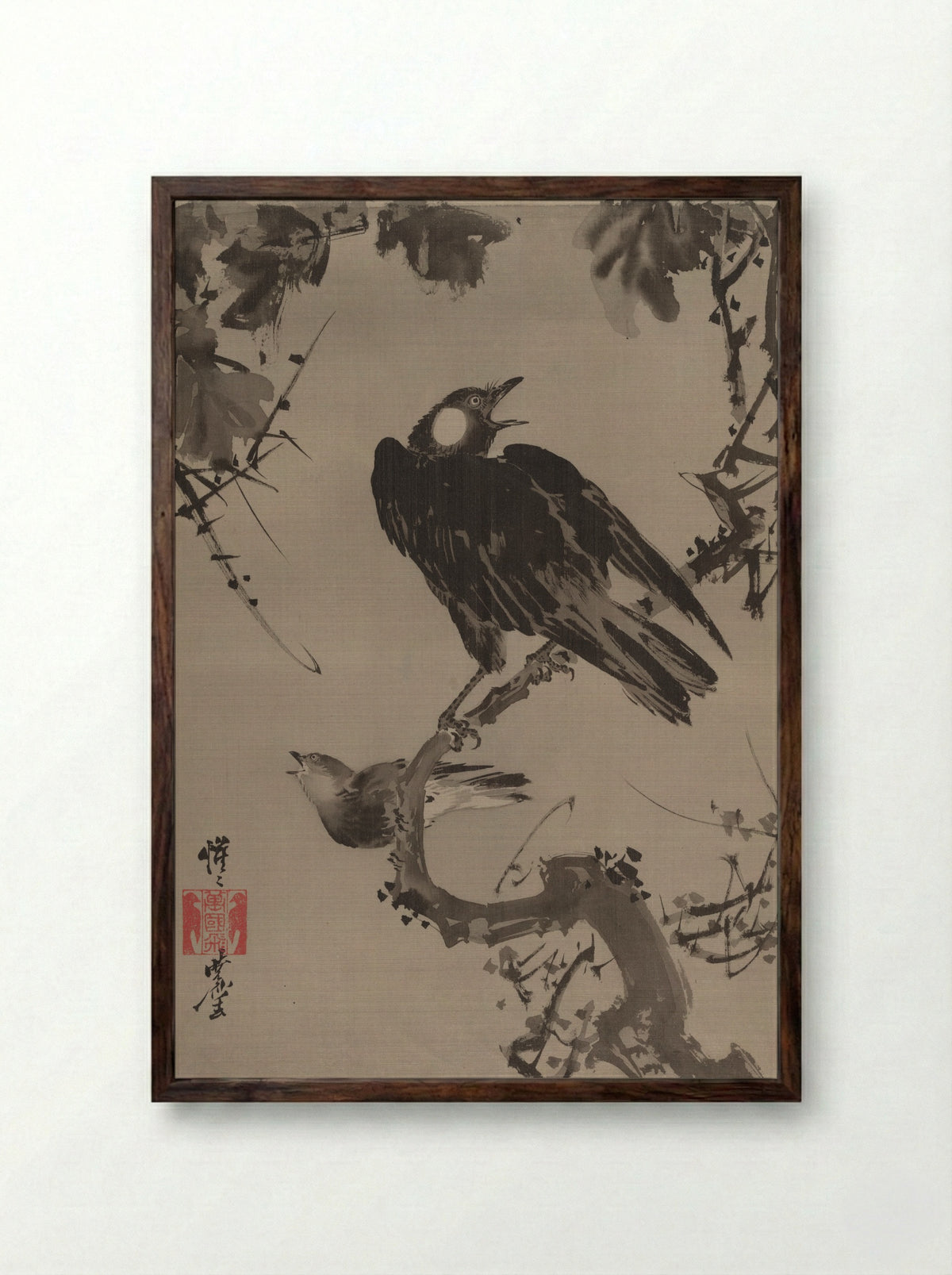 Starlings on a Branch - Kawanabe Kyōsai - Framed Print Dark Wood