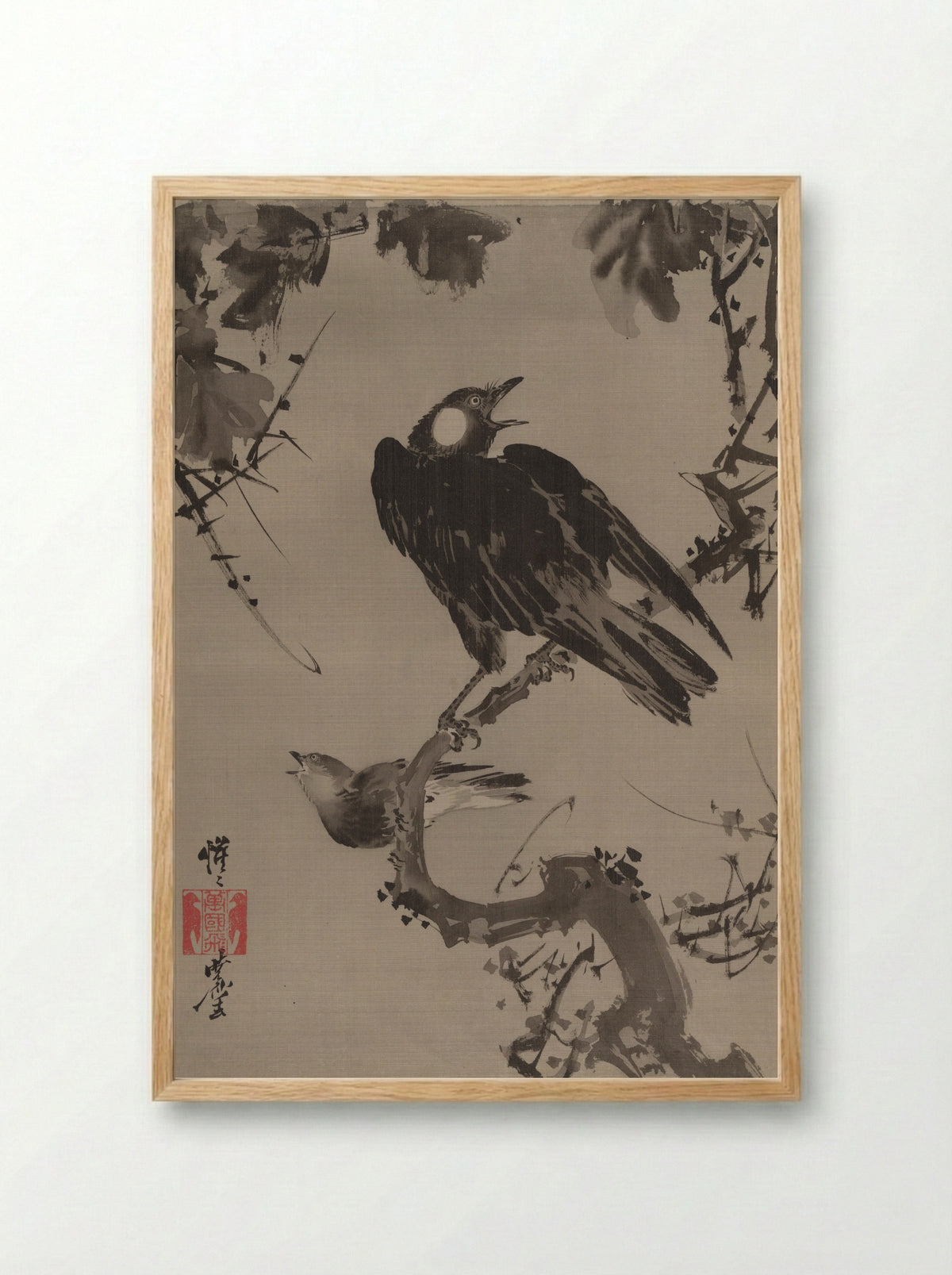 Starlings on a Branch - Kawanabe Kyōsai - Framed Print Wood