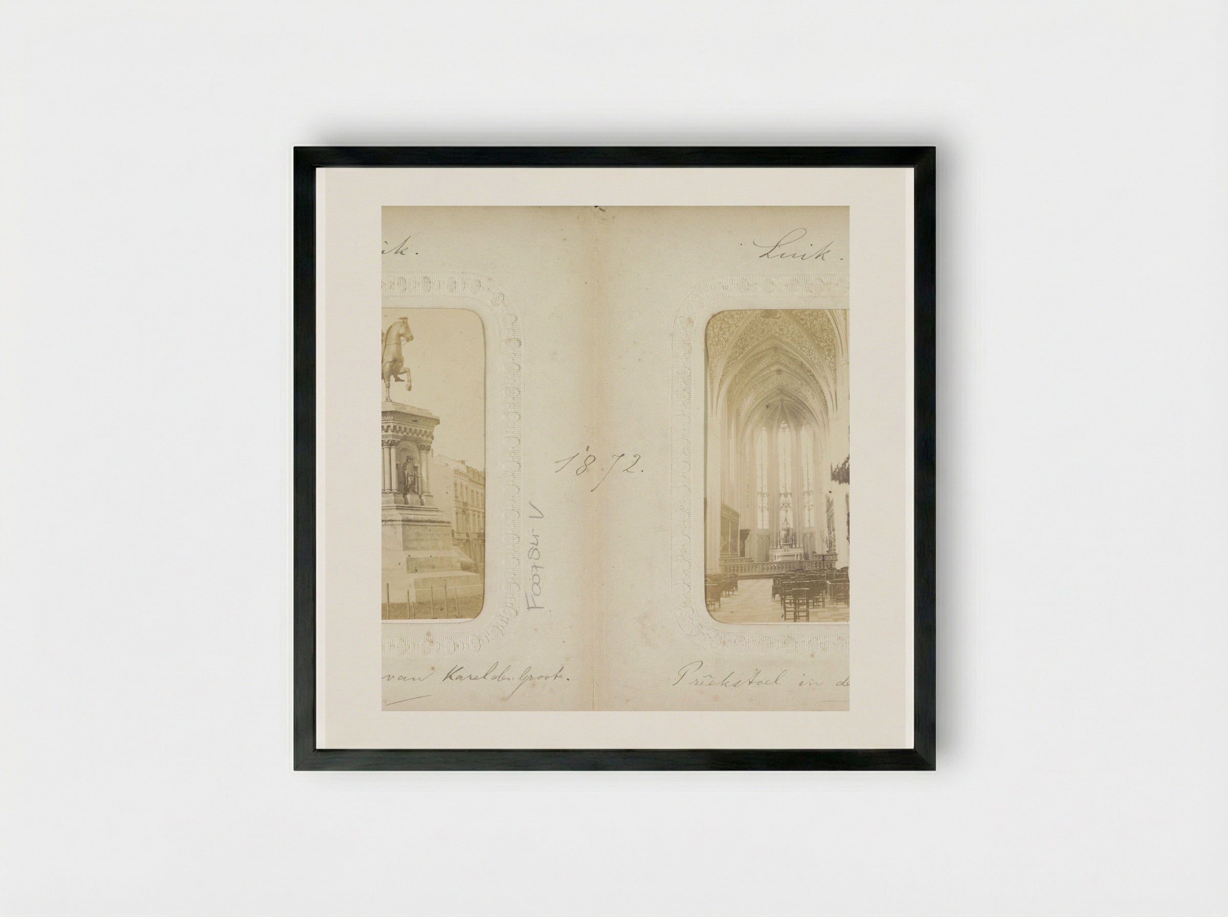 Statue of Charlemagne and Church Interior, Liège - Adolphe Braun & Cie. - Framed Print Black