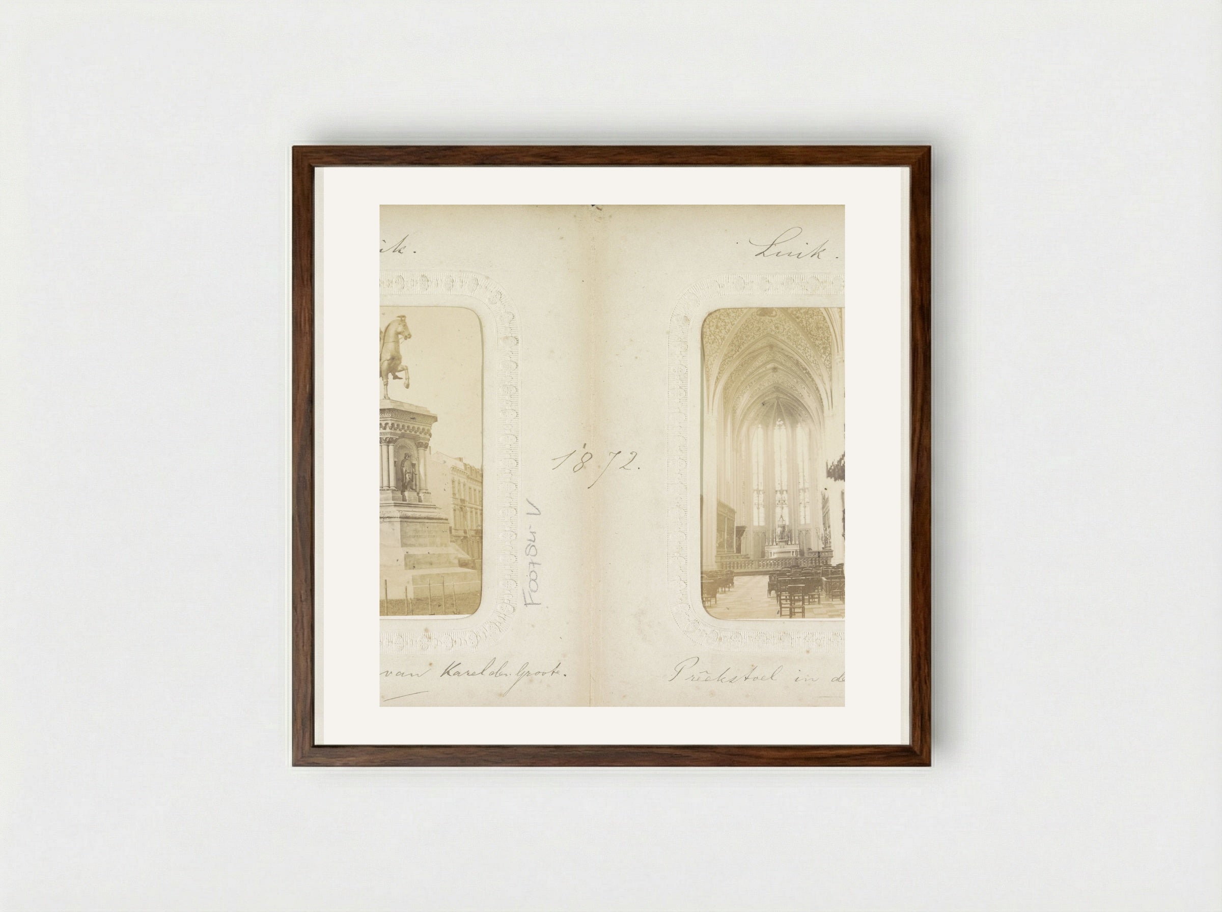 Statue of Charlemagne and Church Interior, Liège - Adolphe Braun & Cie. - Framed Print Dark Wood