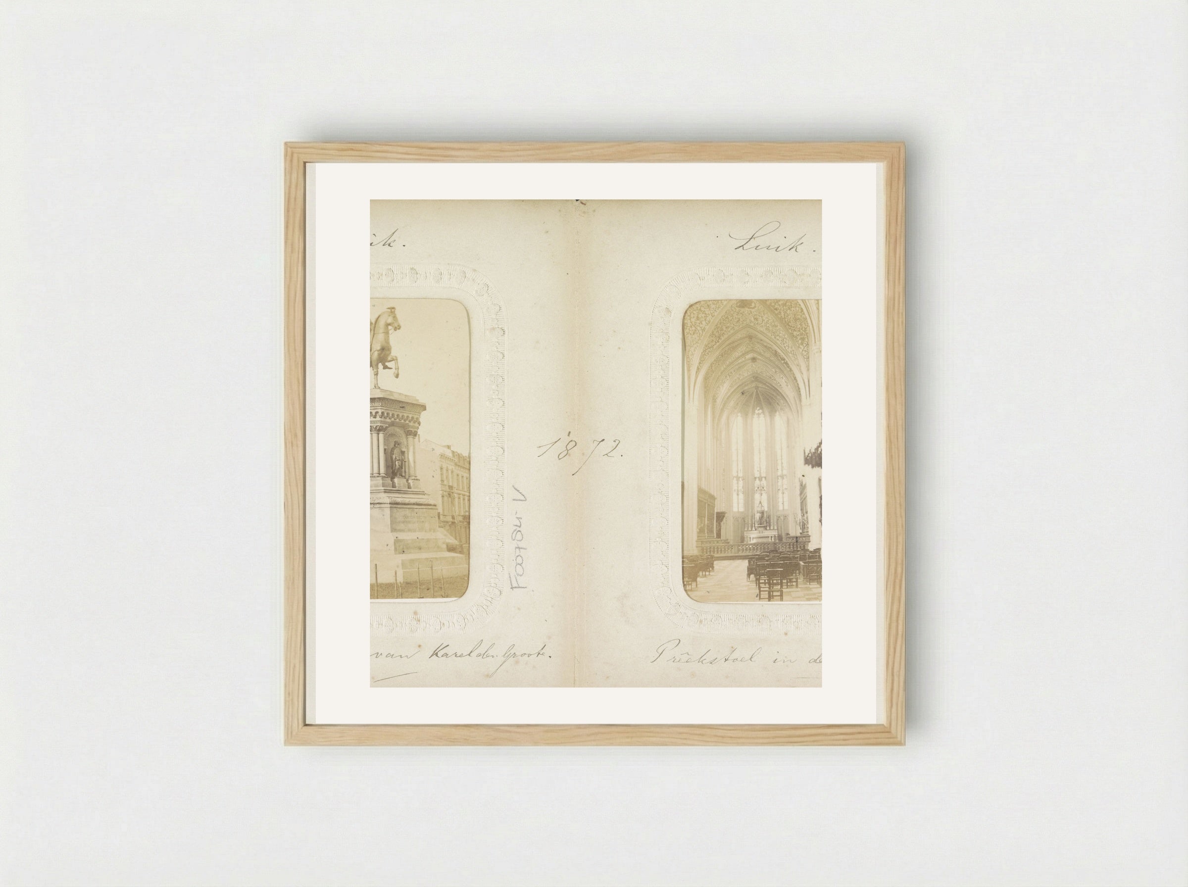 Statue of Charlemagne and Church Interior, Liège - Adolphe Braun & Cie. - Framed Print Wood