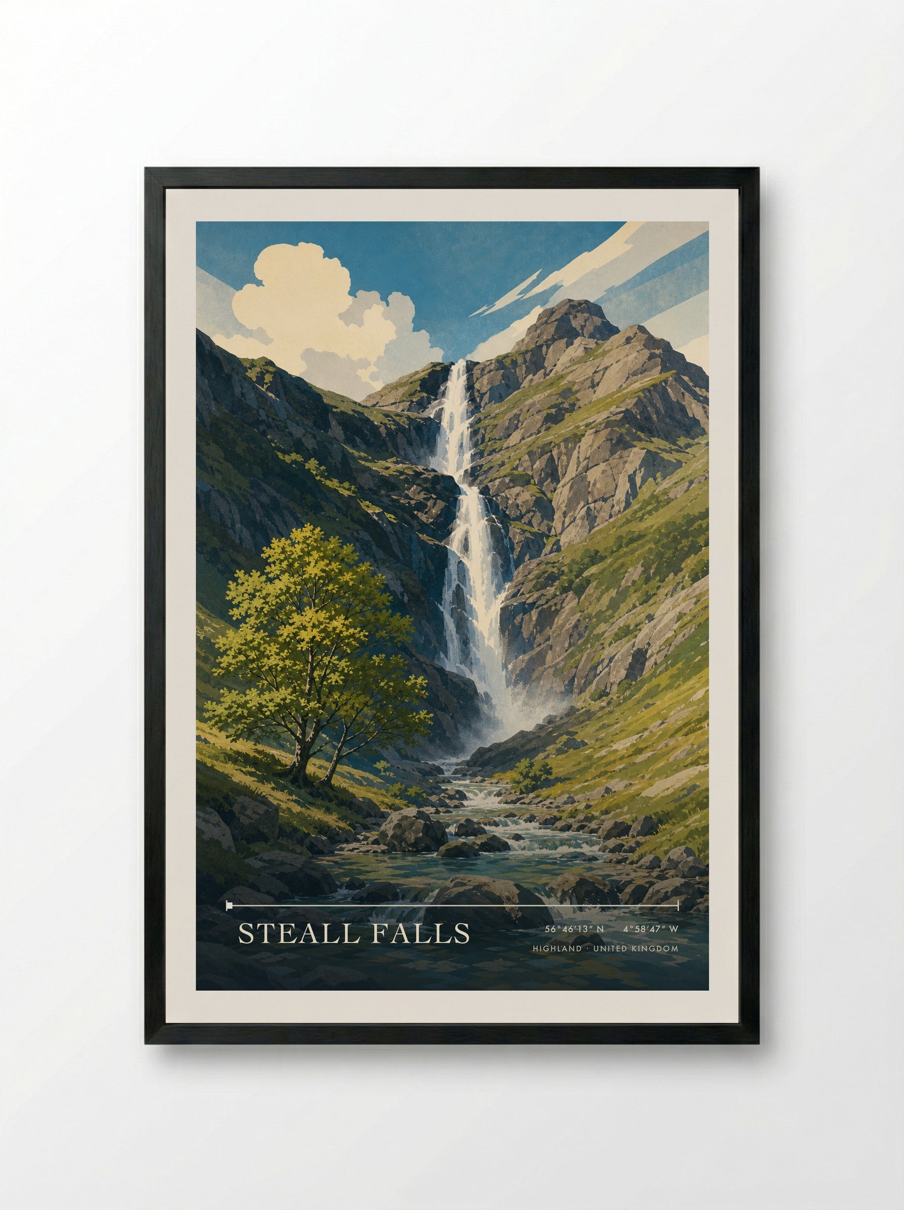 Steall Falls Highland United Kingdom Travel Poster - Framed Print Black