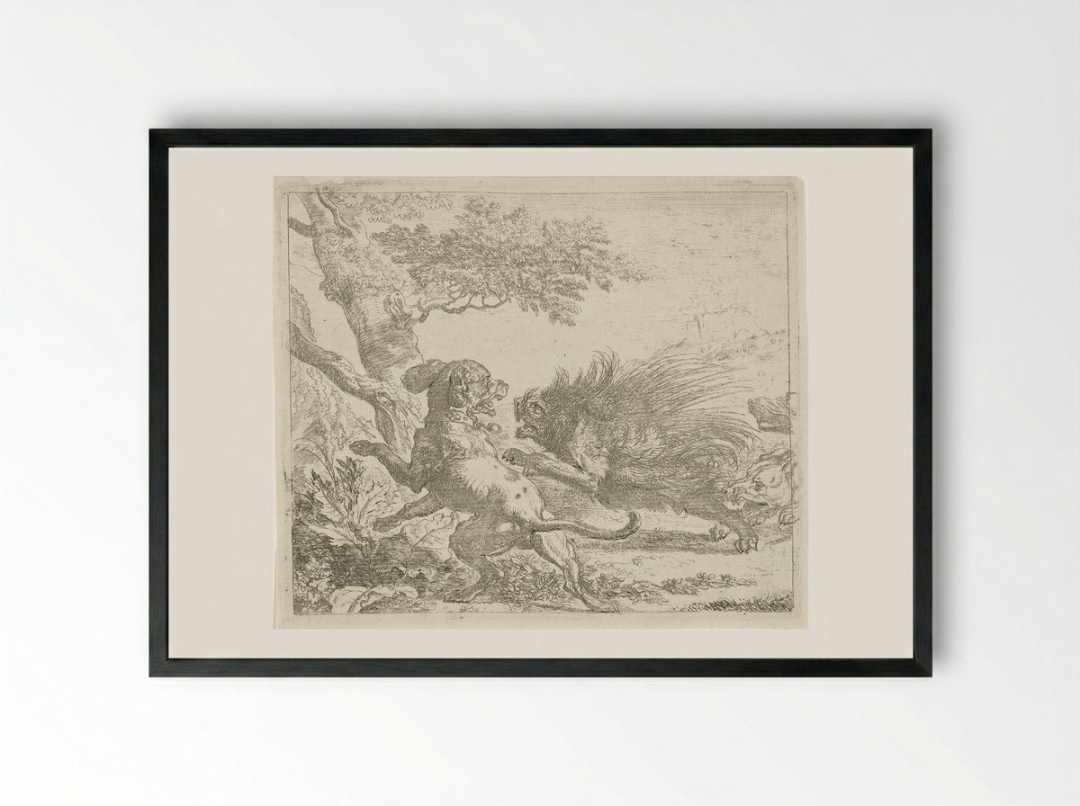 Stekelvarken door honden aangevallen - Abraham Daniëlsz. Hondius - Framed Print Black