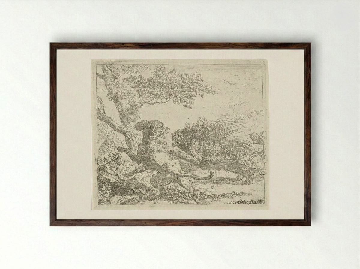 Stekelvarken door honden aangevallen - Abraham Daniëlsz. Hondius - Framed Print Dark Wood