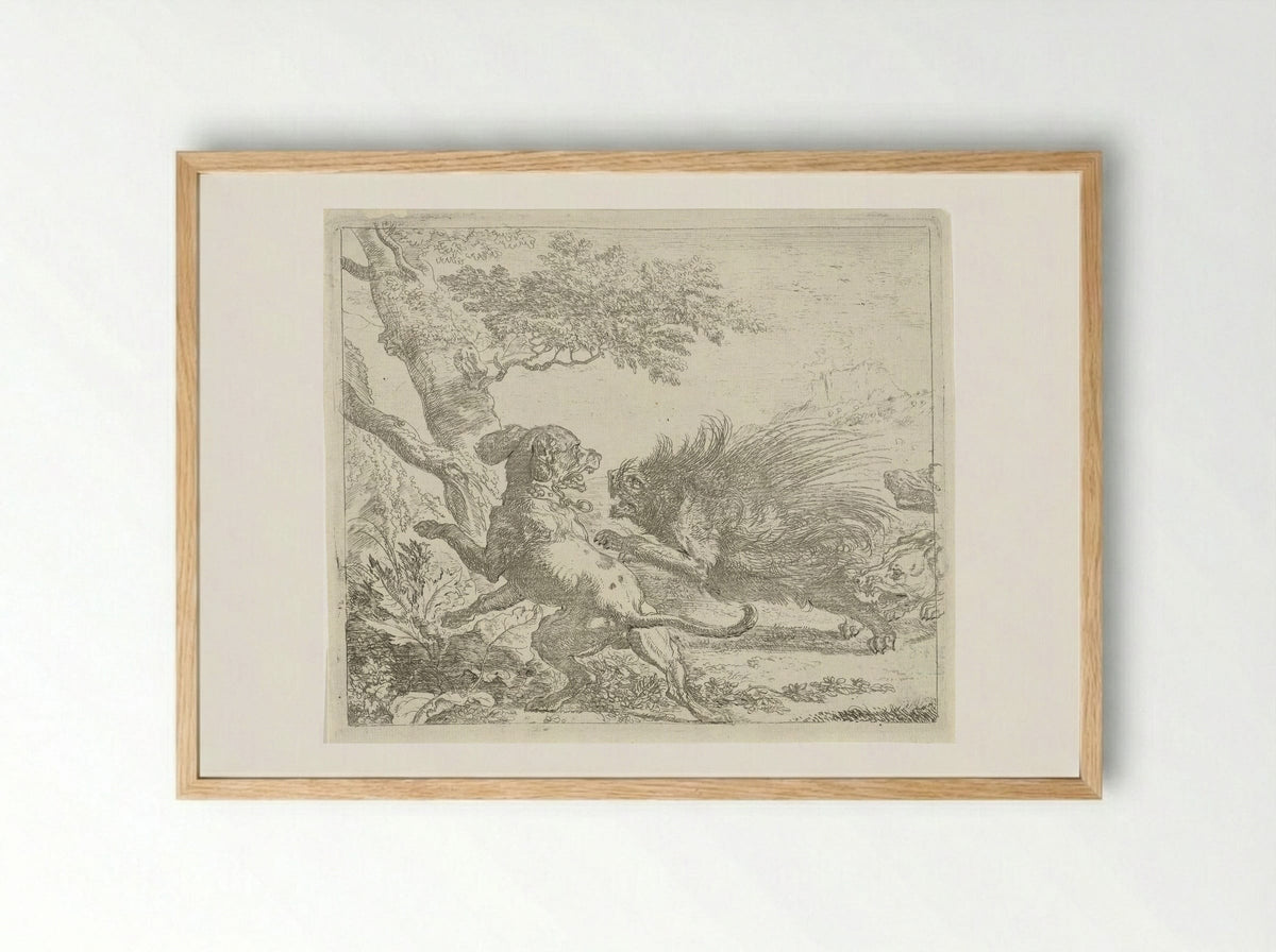 Stekelvarken door honden aangevallen - Abraham Daniëlsz. Hondius - Framed Print Wood