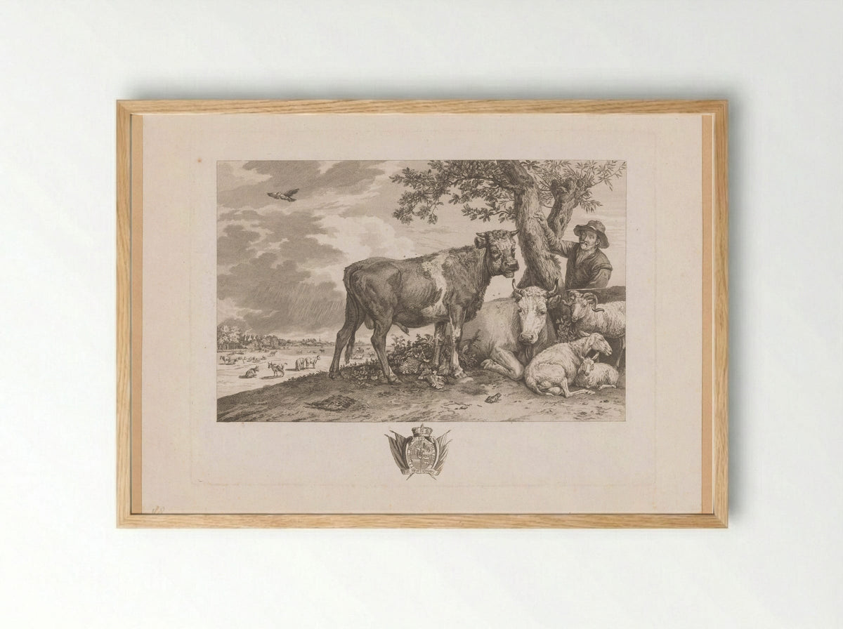 Stier met boer en kudde in een landschap - Louis Joseph Masquelier - Framed Print Wood