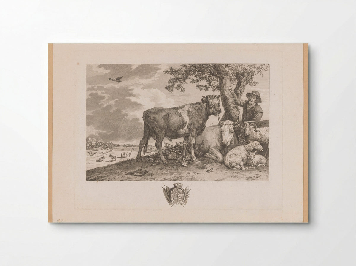Stier met boer en kudde in een landschap - Louis Joseph Masquelier - Poster