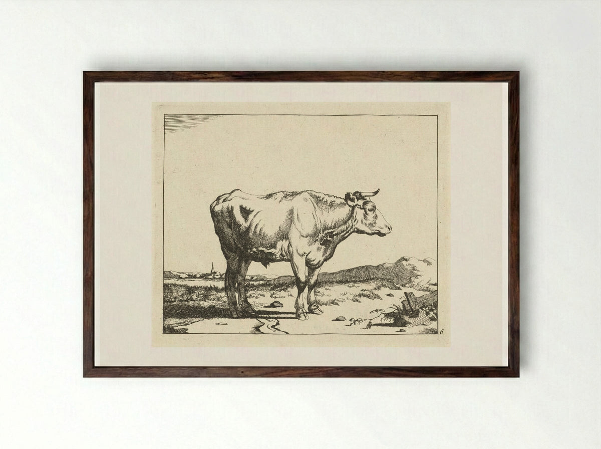 Stier, naar rechts, met kerktoren op achtergrond - Marcus de Bye - Framed Print Dark Wood