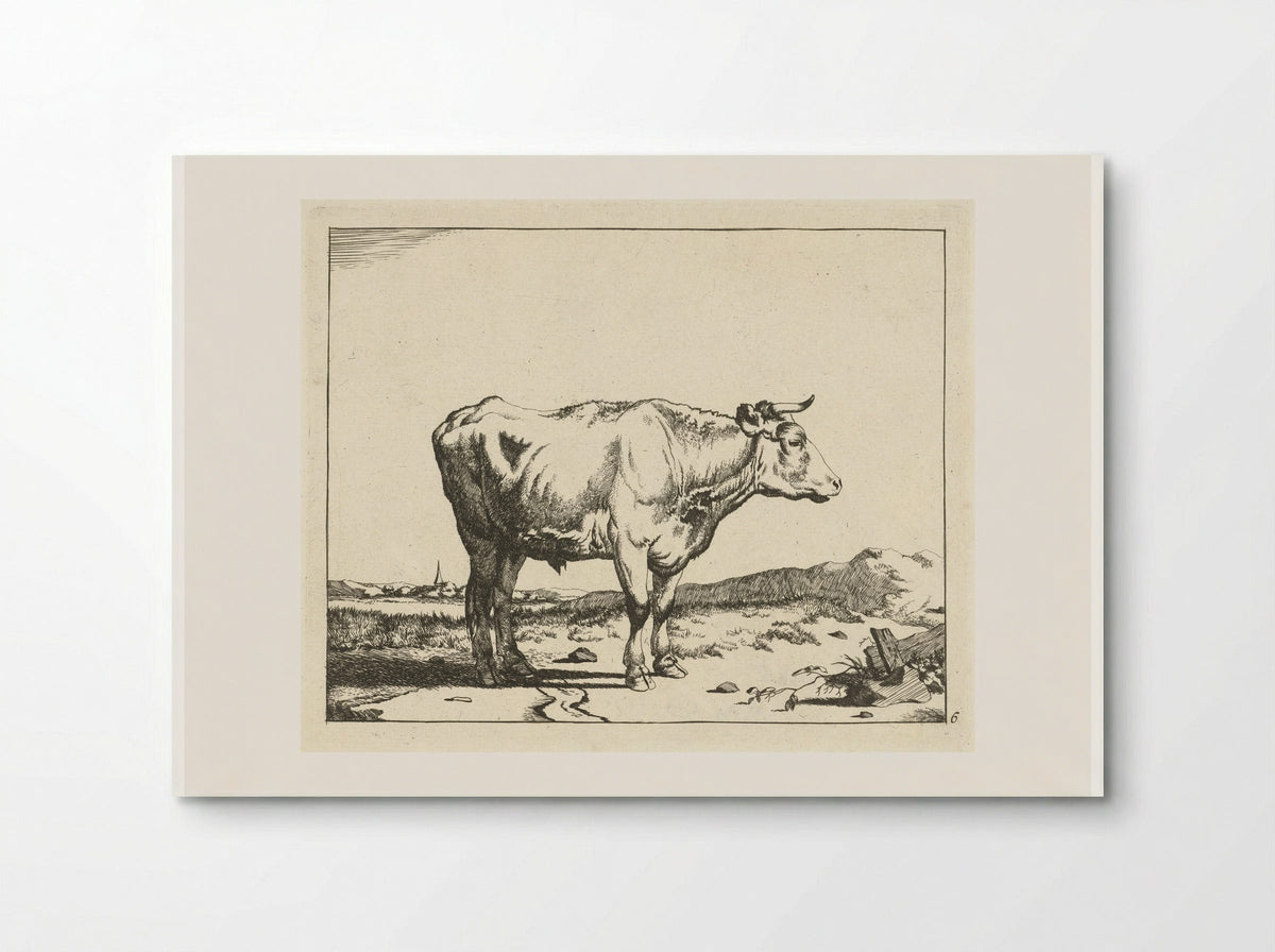 Stier, naar rechts, met kerktoren op achtergrond - Marcus de Bye - Poster