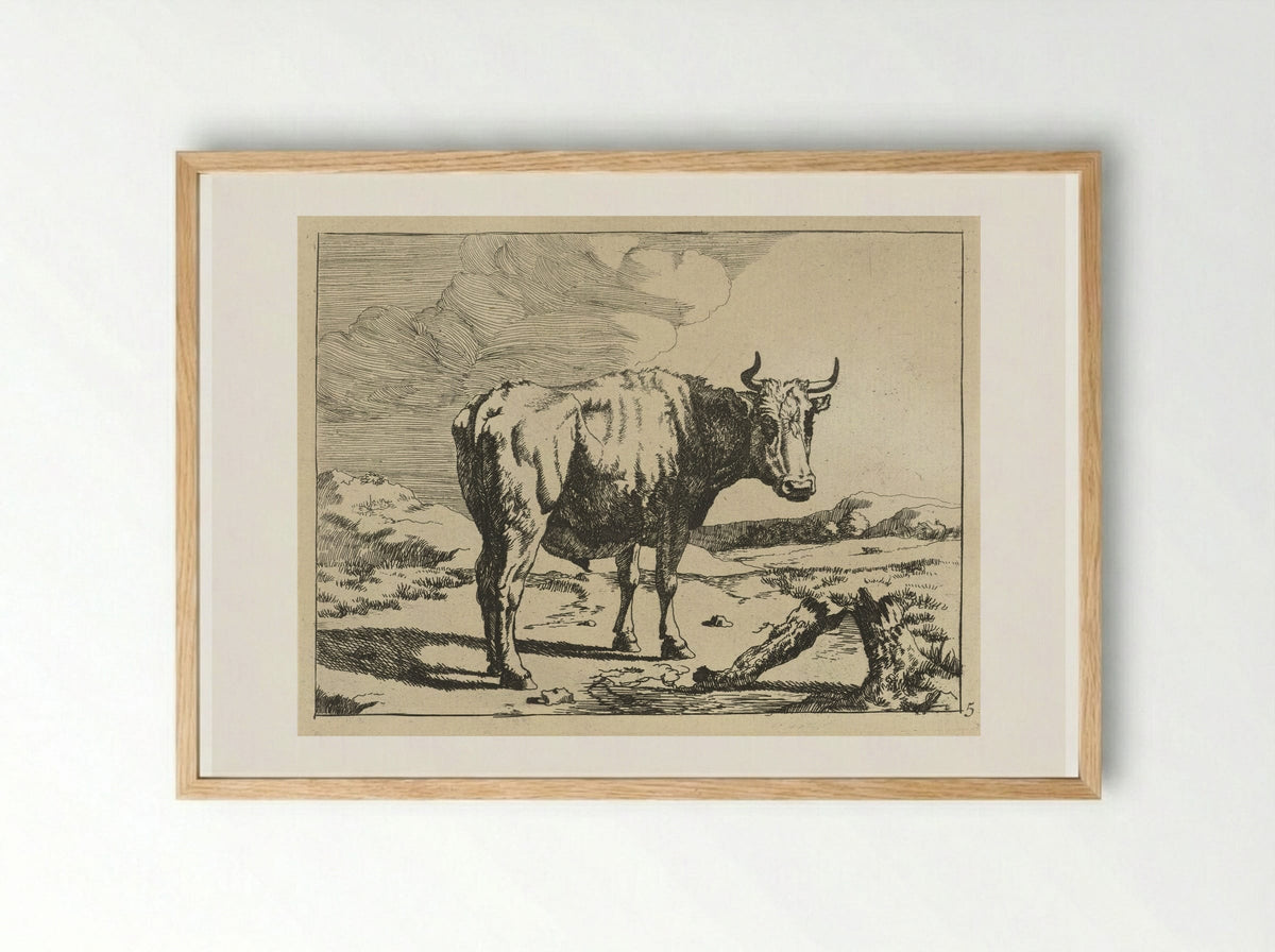 Stier staand bij boomstronk - Marcus de Bye - Framed Print Wood