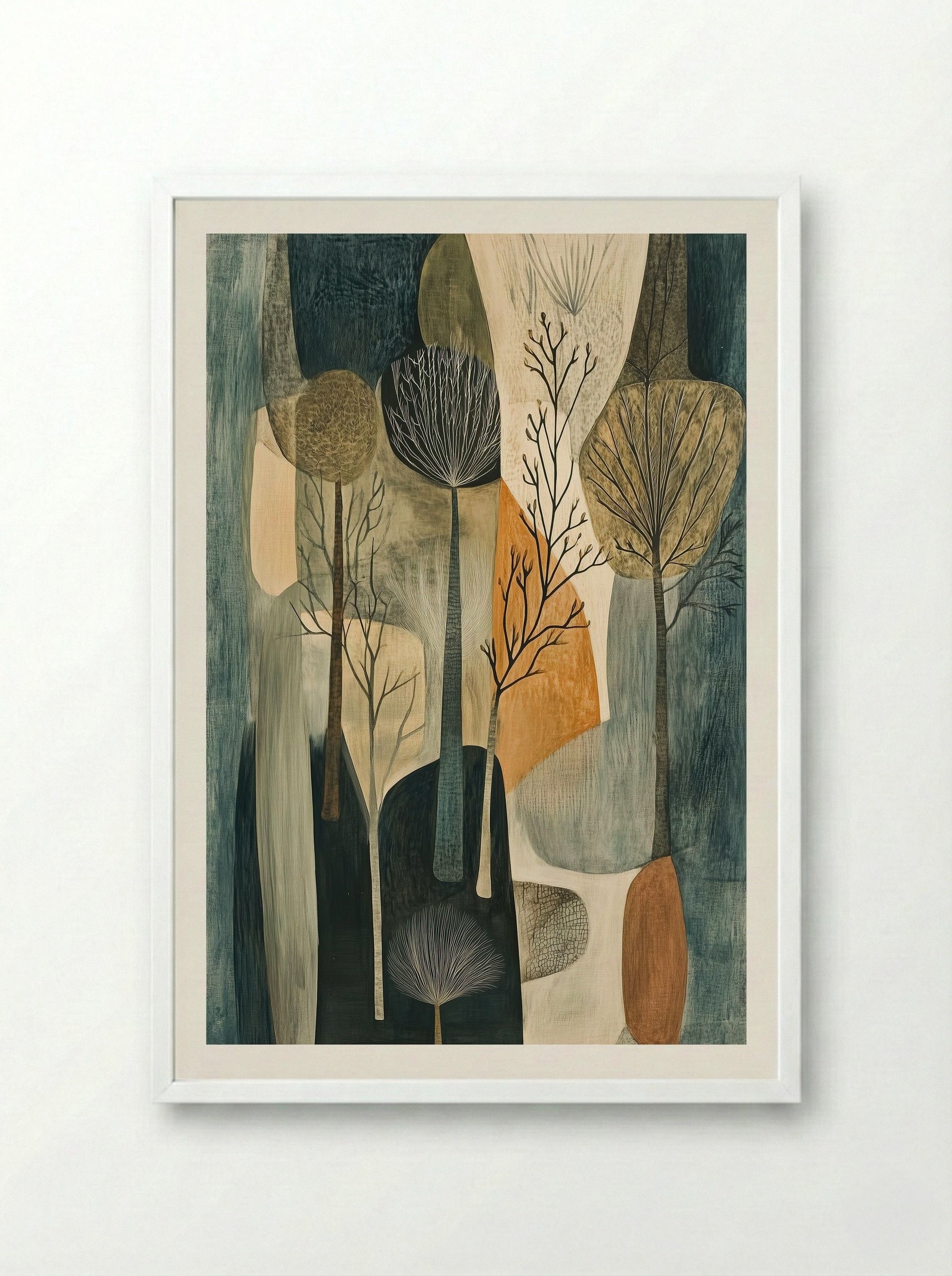 Still Grove – Modern Woodland Silhouette in Earth Tones - Framed Print White