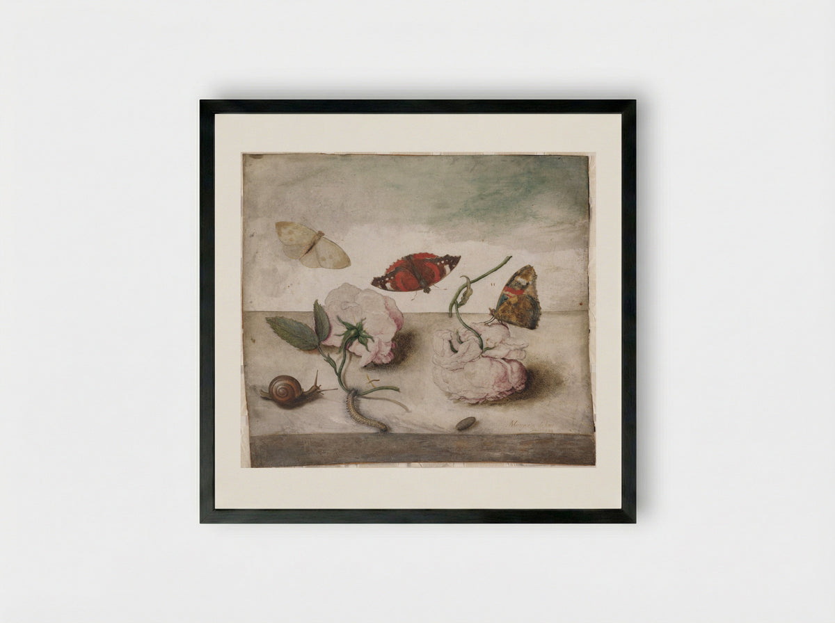 Still Life of Flowers and Small Animals on a Ledge - Margareta de Heer - Framed Print Black